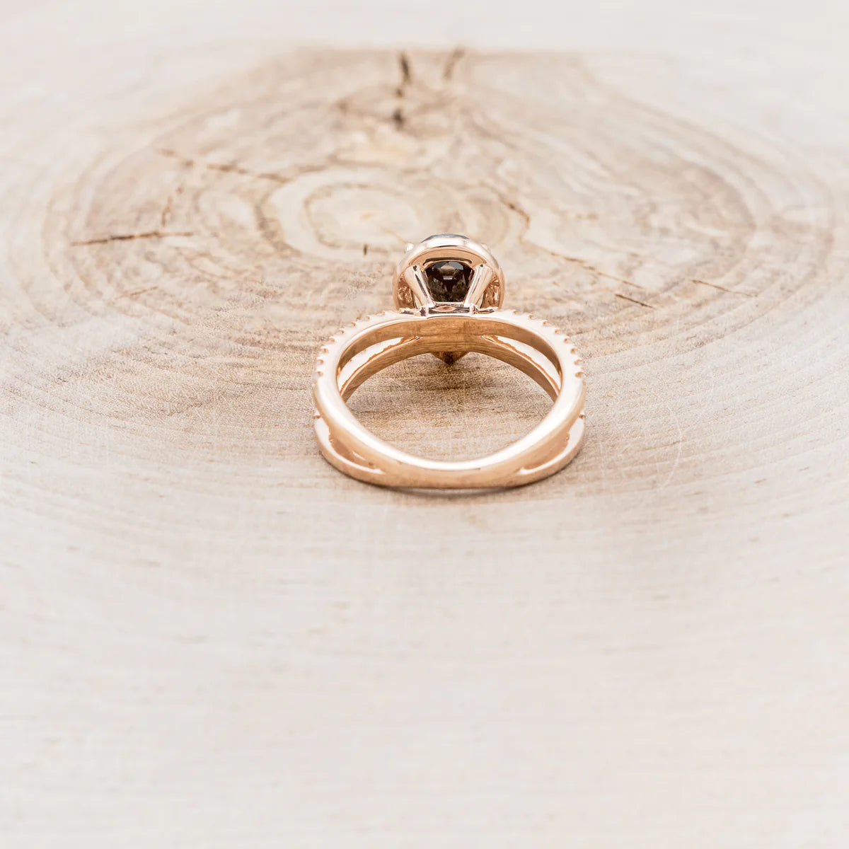 "NALA" - PEAR-SHAPED SALT & PEPPER DIAMOND ENGAGEMENT RING WITH DIAMOND HALO & ACCENTS - 14K ROSE GOLD - SIZE 7-5