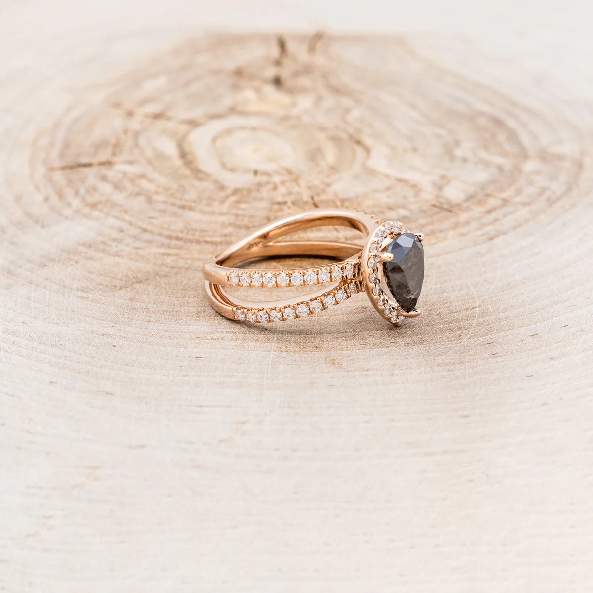"NALA" - PEAR-SHAPED SALT & PEPPER DIAMOND ENGAGEMENT RING WITH DIAMOND HALO & ACCENTS - 14K ROSE GOLD - SIZE 7-2