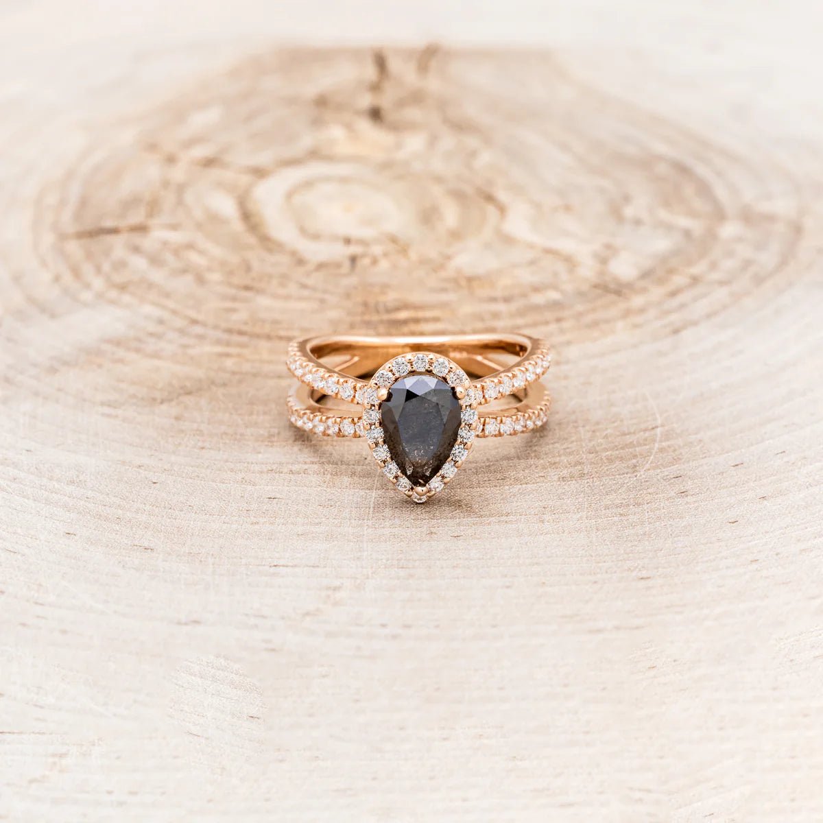 "NALA" - PEAR-SHAPED SALT & PEPPER DIAMOND ENGAGEMENT RING WITH DIAMOND HALO & ACCENTS - 14K ROSE GOLD - SIZE 7-4
