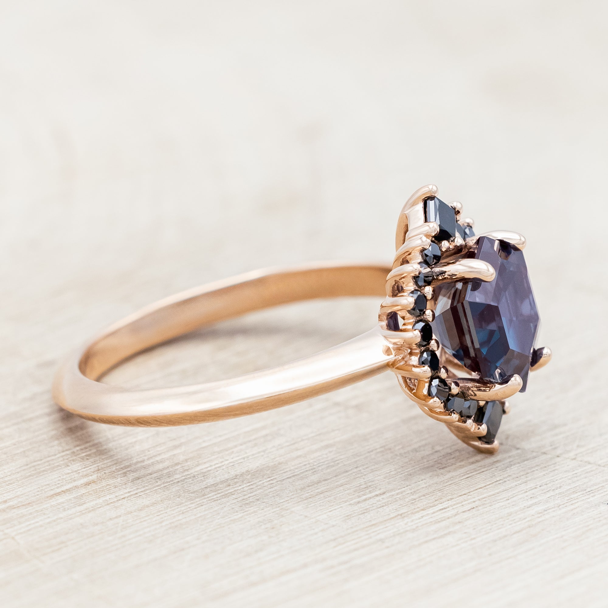 "NEREZZA" - HEXAGON CUT ENGAGEMENT RING WITH A BLACK DIAMOND HALO-Staghead Designs