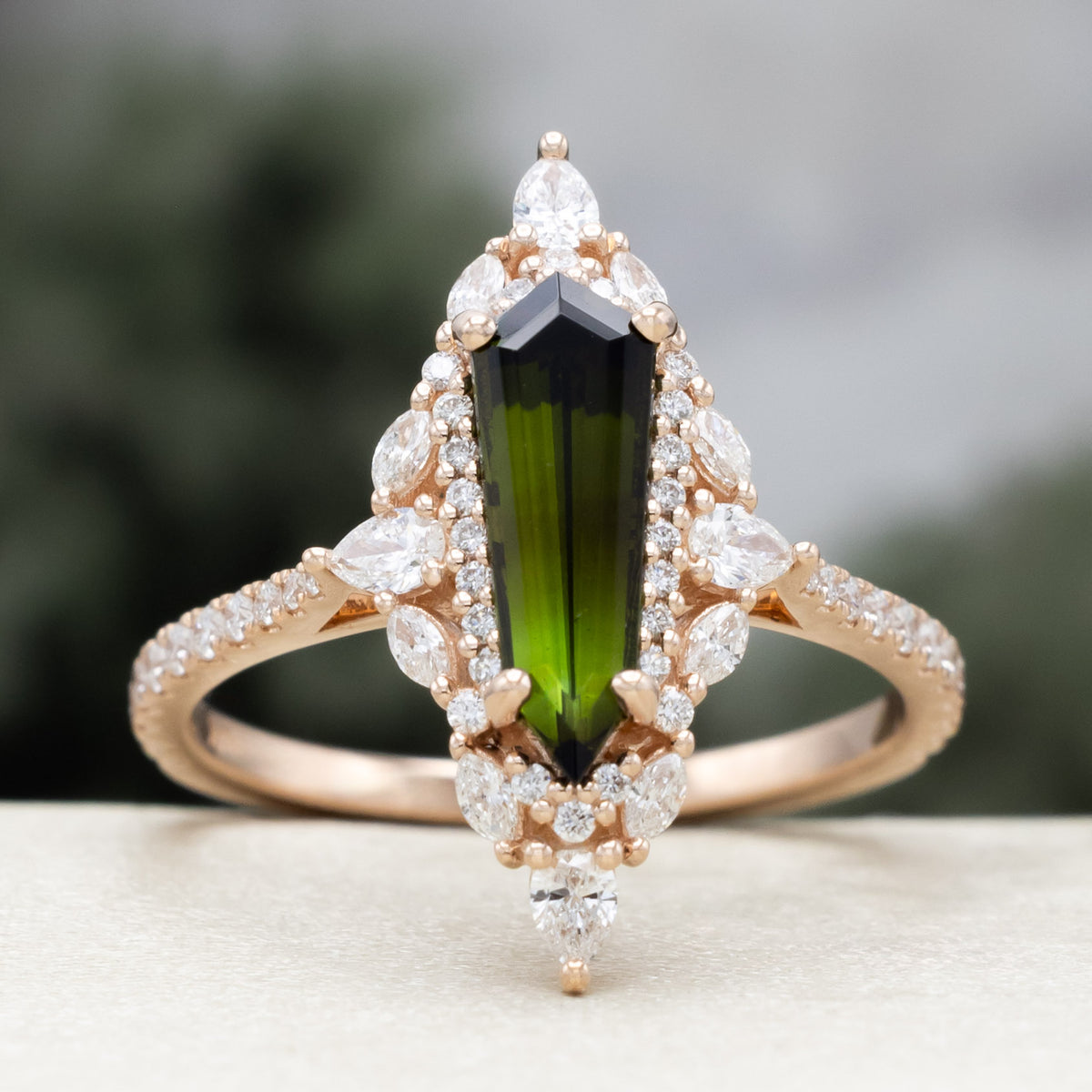 "North Star" - Dagger Cut Green Tourmaline Engagement Ring With Diamond Halo-Staghead Designs