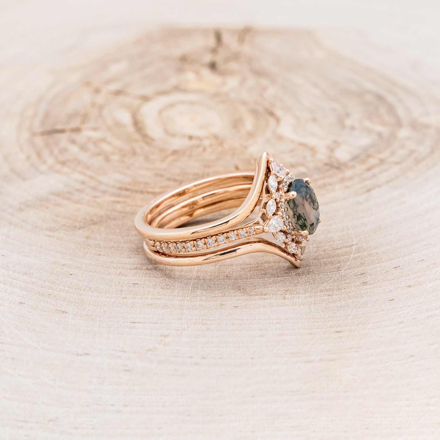 "NORTH STAR" - BRIDAL SUITE - OVAL MOSS AGATE ENGAGEMENT RING WITH DIAMOND HALO, DIAMOND ACCENTS, & SOLID GOLD TRACERS-2