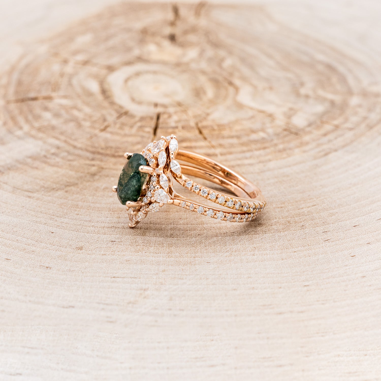 "NORTH STAR" - OVAL MOSS AGATE ENGAGEMENT RING WITH DIAMOND HALO, DIAMOND ACCENTS, & A DIAMOND TRACER-3