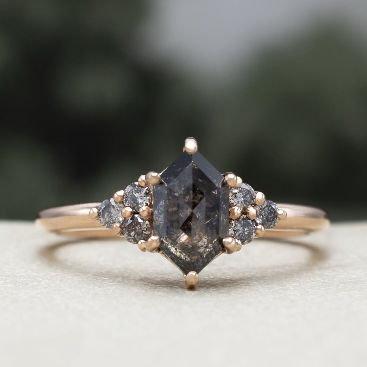 "Octavia" - Elongated Hexagon Rosecut Salt & Pepper Diamond Engagement Ring & Tracer-Staghead Designs