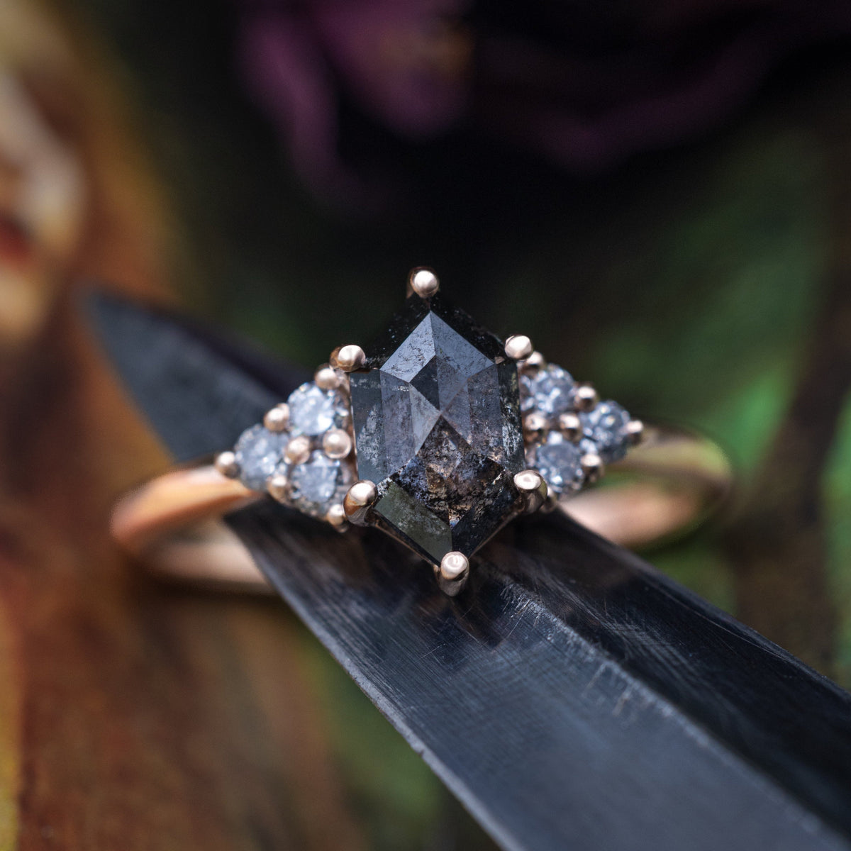 "Octavia" - Elongated Hexagon Rosecut Salt & Pepper Diamond Engagement Ring & Tracer-Staghead Designs