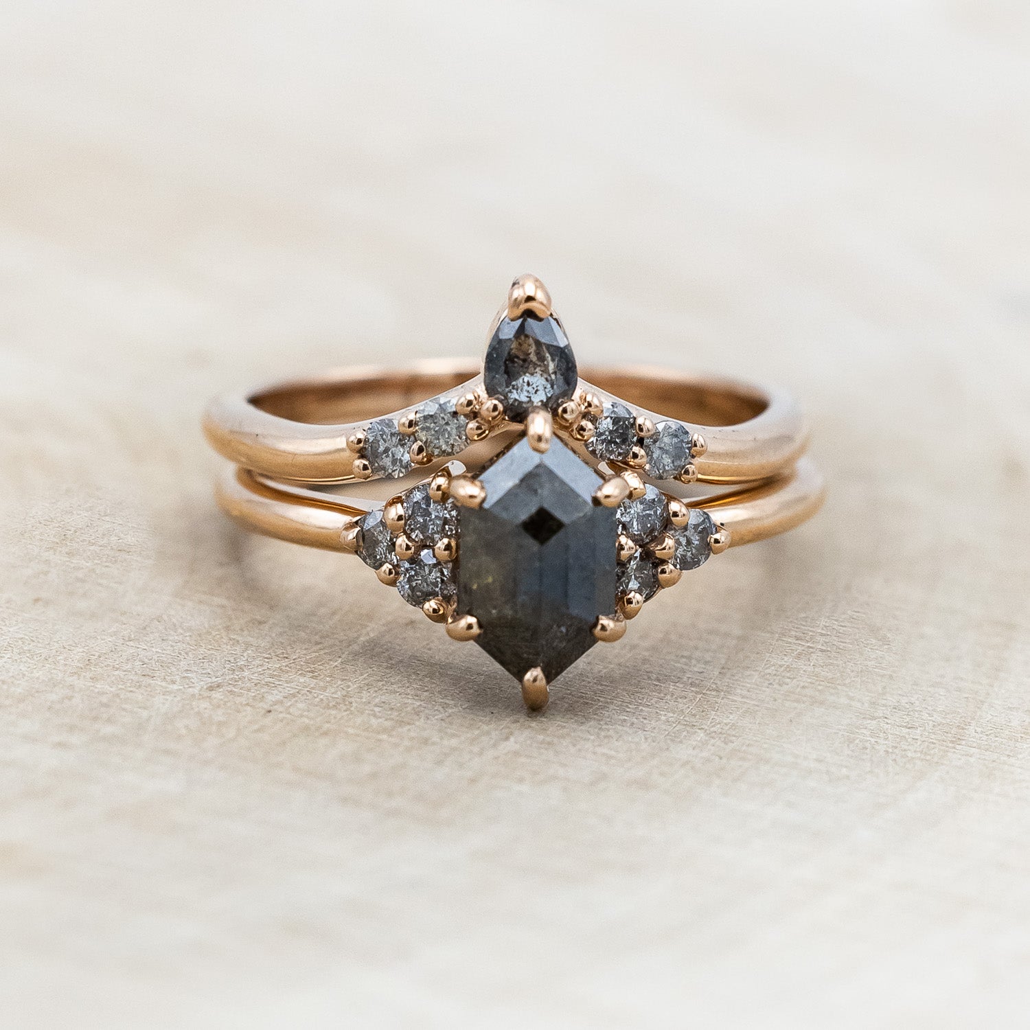 "OCTAVIA" - ELONGATED HEXAGON ROSECUT SALT & PEPPER DIAMOND ENGAGEMENT RING & TRACER-Staghead Designs