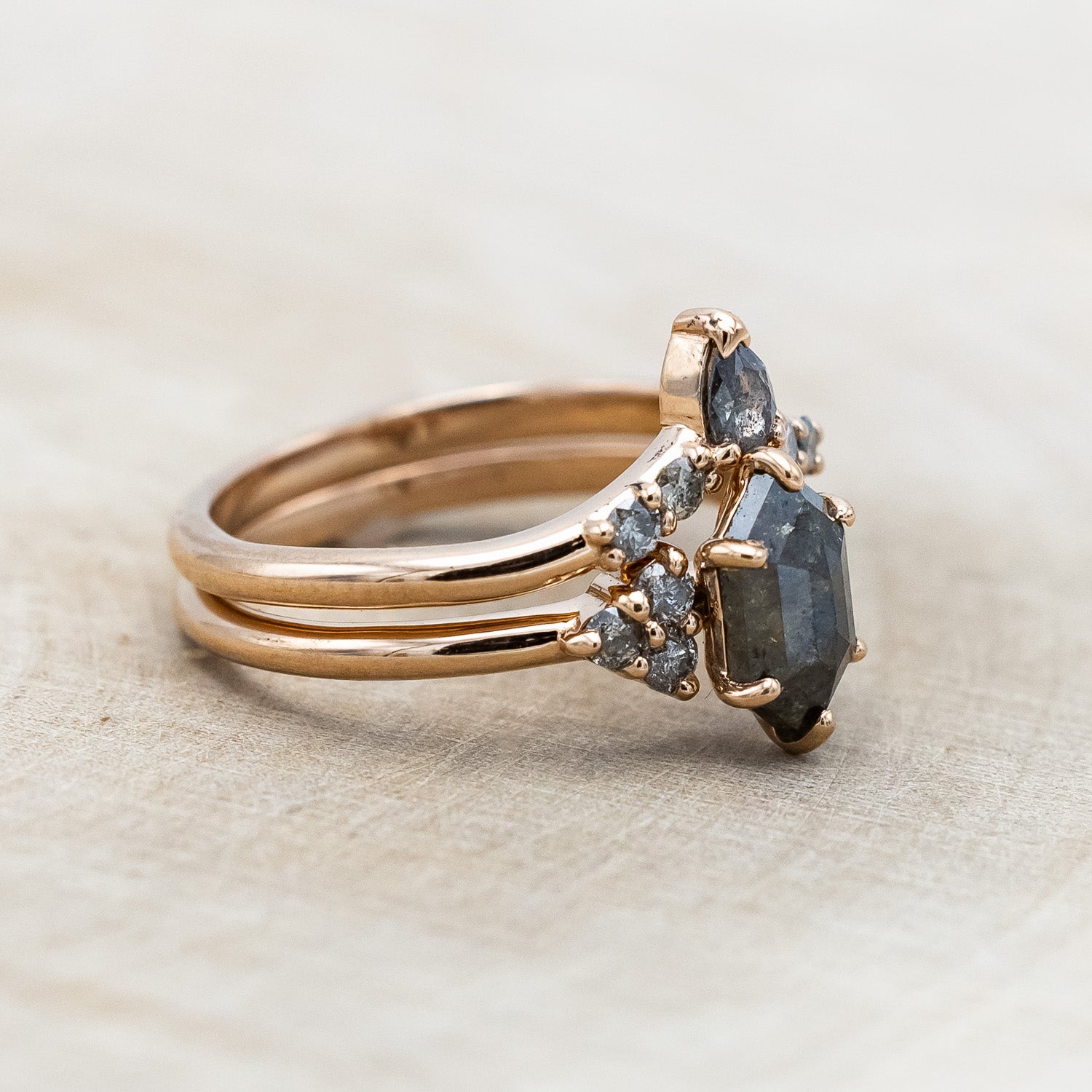 "OCTAVIA" - ELONGATED HEXAGON ROSECUT SALT & PEPPER DIAMOND ENGAGEMENT RING & TRACER-Staghead Designs