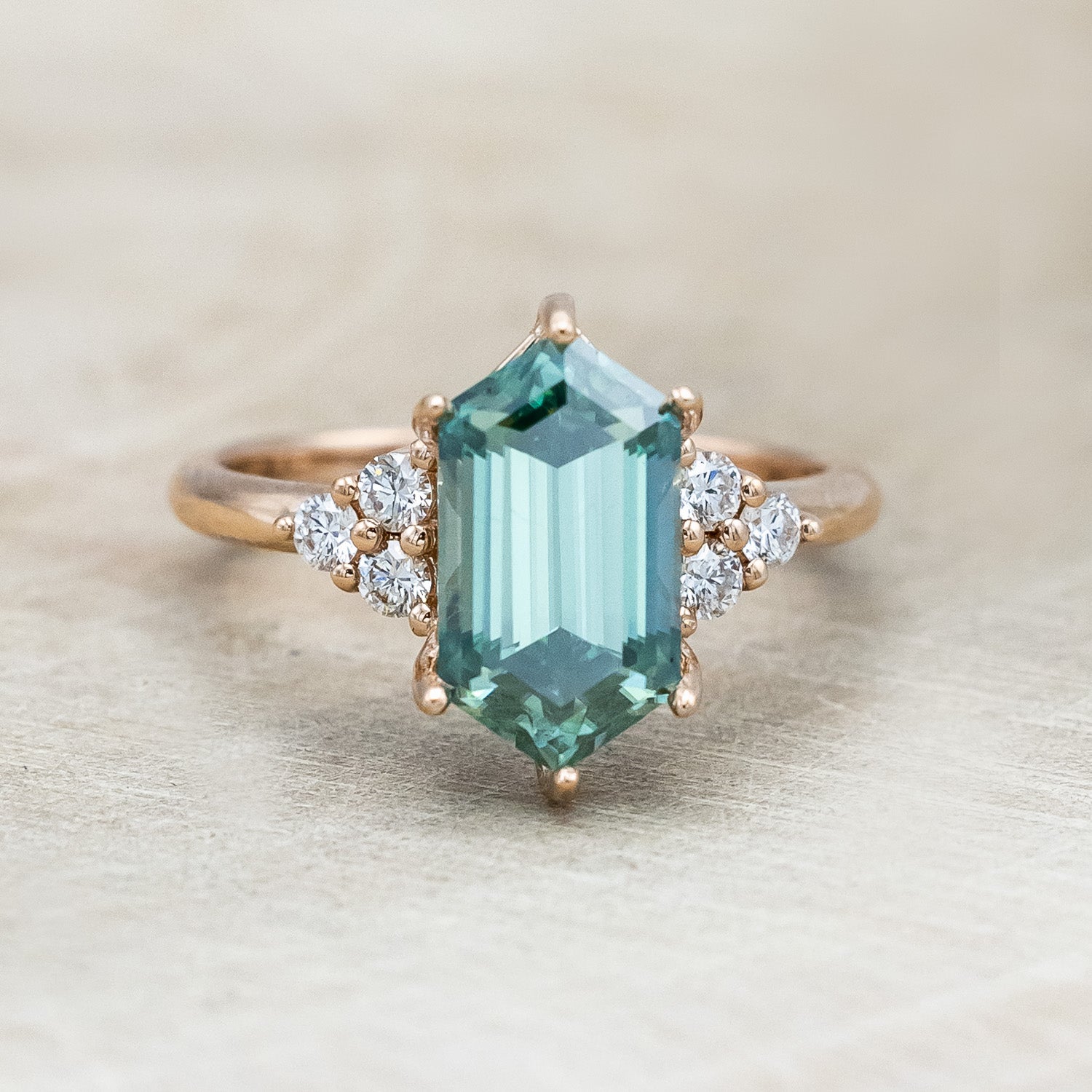 "OCTAVIA" - ELONGATED HEXAGON CUT GREEN MOISSANITE ENGAGEMENT RING WITH DIAMOND ACCENTS-Staghead Designs