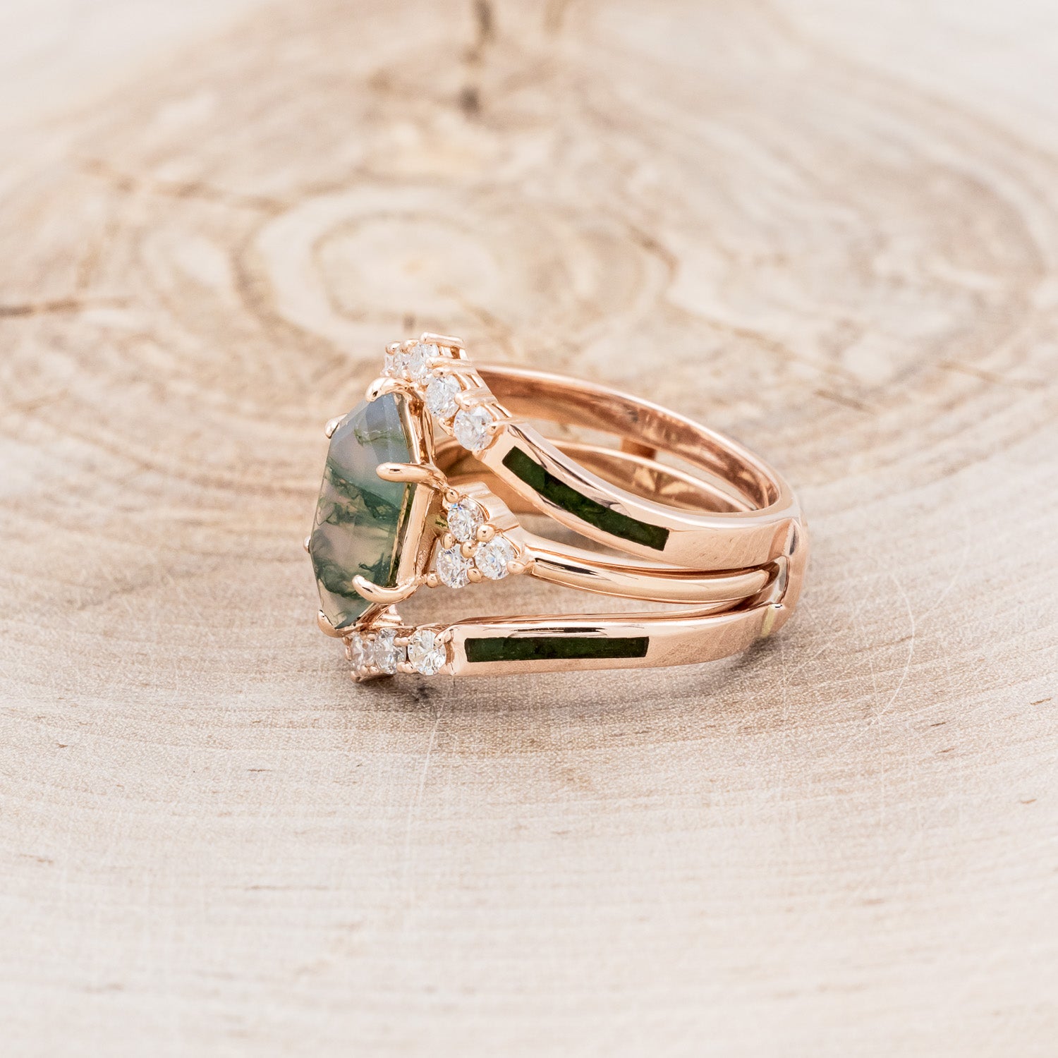 "OCTAVIA" - ELONGATED HEXAGON MOSS AGATE ENGAGEMENT RING WITH DIAMOND ACCENTS & RING GUARD-3