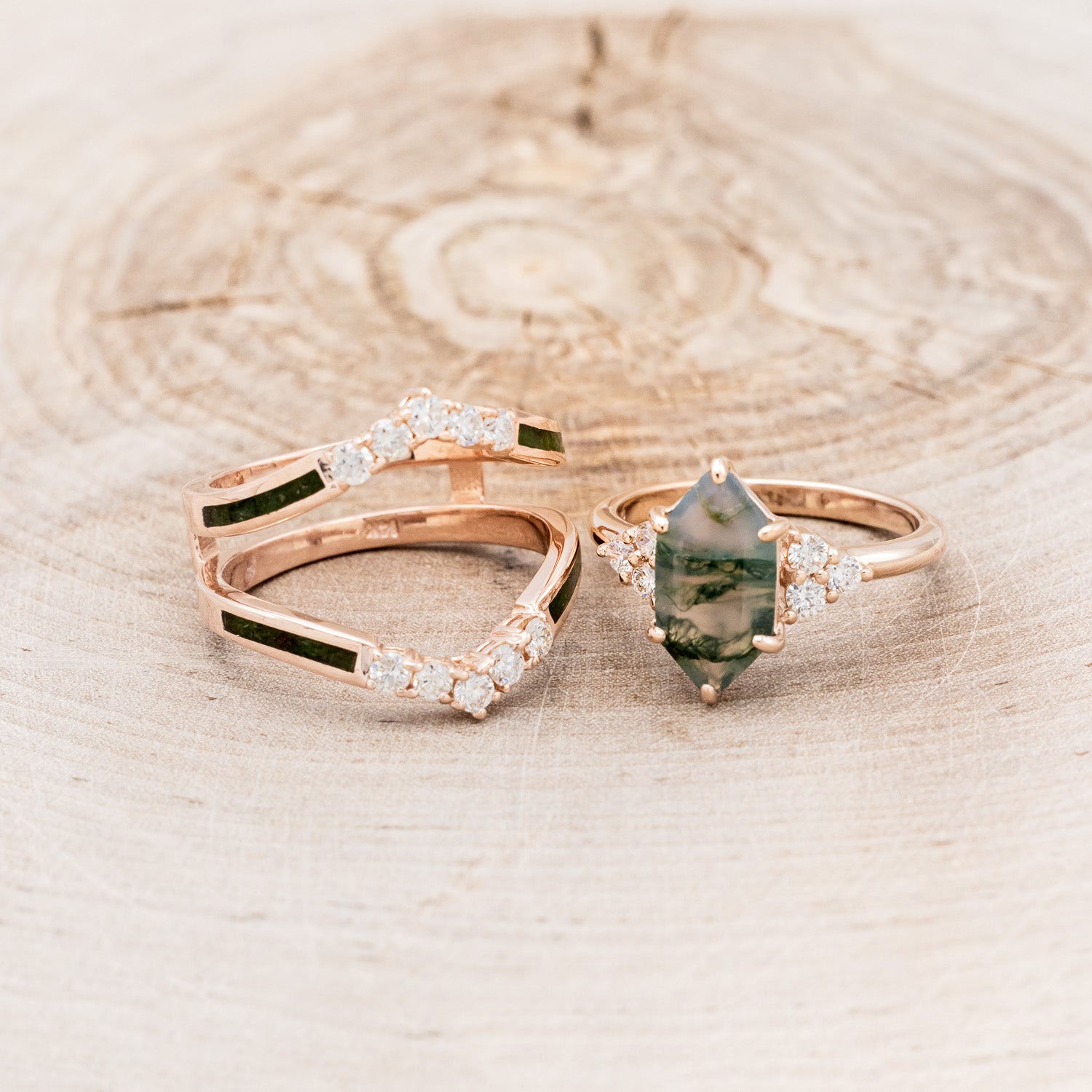 "OCTAVIA" - ELONGATED HEXAGON MOSS AGATE ENGAGEMENT RING WITH DIAMOND ACCENTS & RING GUARD-6