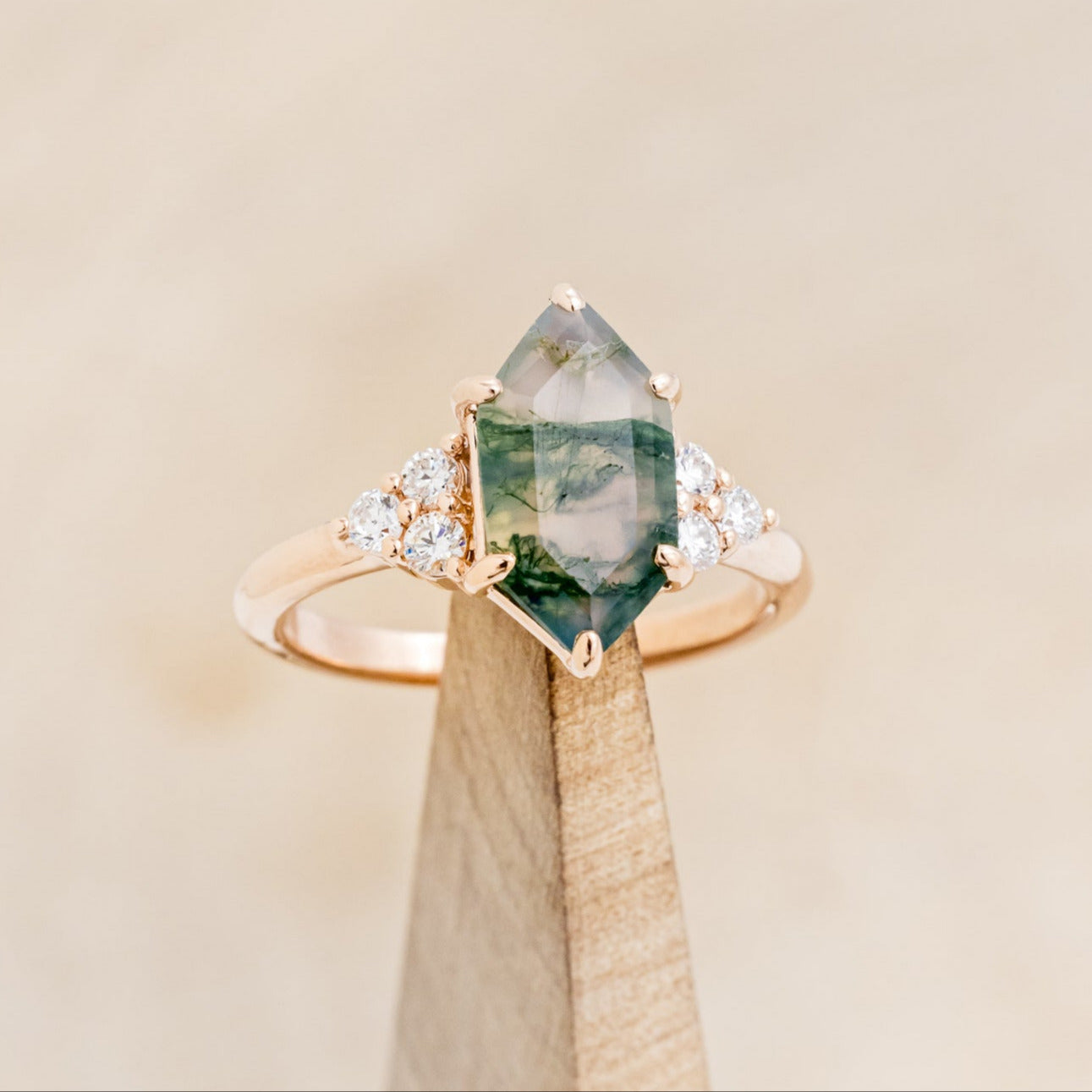 "OCTAVIA" - ELONGATED HEXAGON MOSS AGATE ENGAGEMENT RING WITH DIAMOND ACCENTS & RING GUARD-7