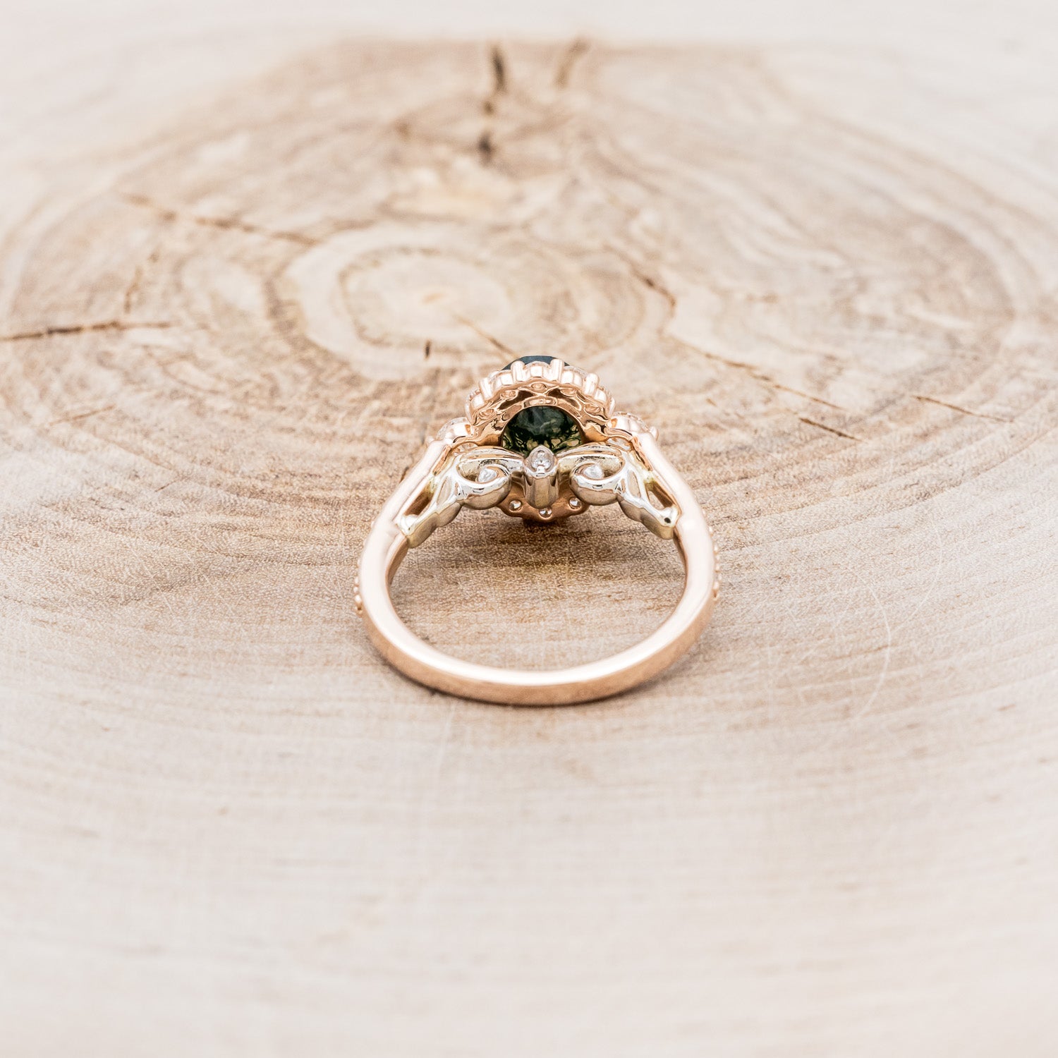 "OPHELIA" - OVAL MOSS AGATE ENGAGEMENT RING WITH DIAMOND HALO & ACCENTS-11