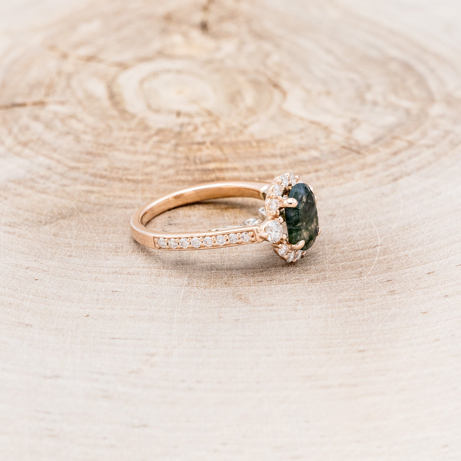 "OPHELIA" - OVAL MOSS AGATE ENGAGEMENT RING WITH DIAMOND HALO & ACCENTS-8