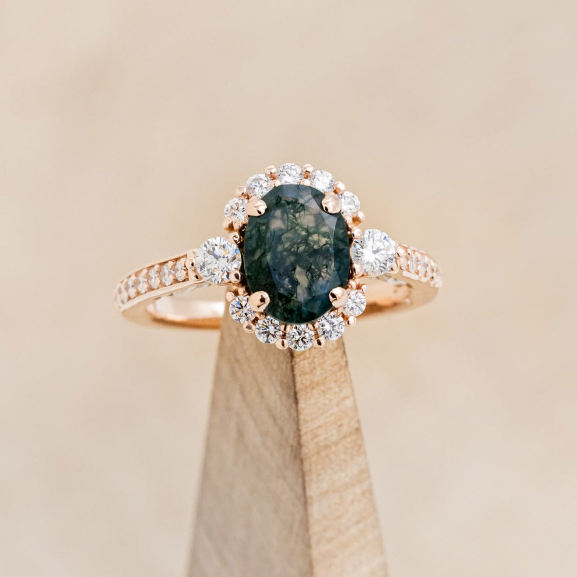 "OPHELIA" - OVAL MOSS AGATE ENGAGEMENT RING WITH DIAMOND HALO & ACCENTS-7