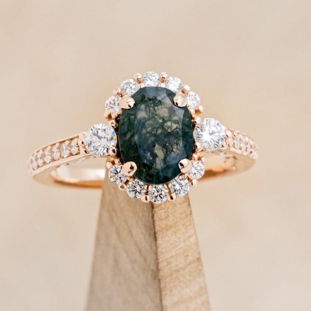 "OPHELIA" - OVAL MOSS AGATE ENGAGEMENT RING WITH DIAMOND HALO & ACCENTS-7