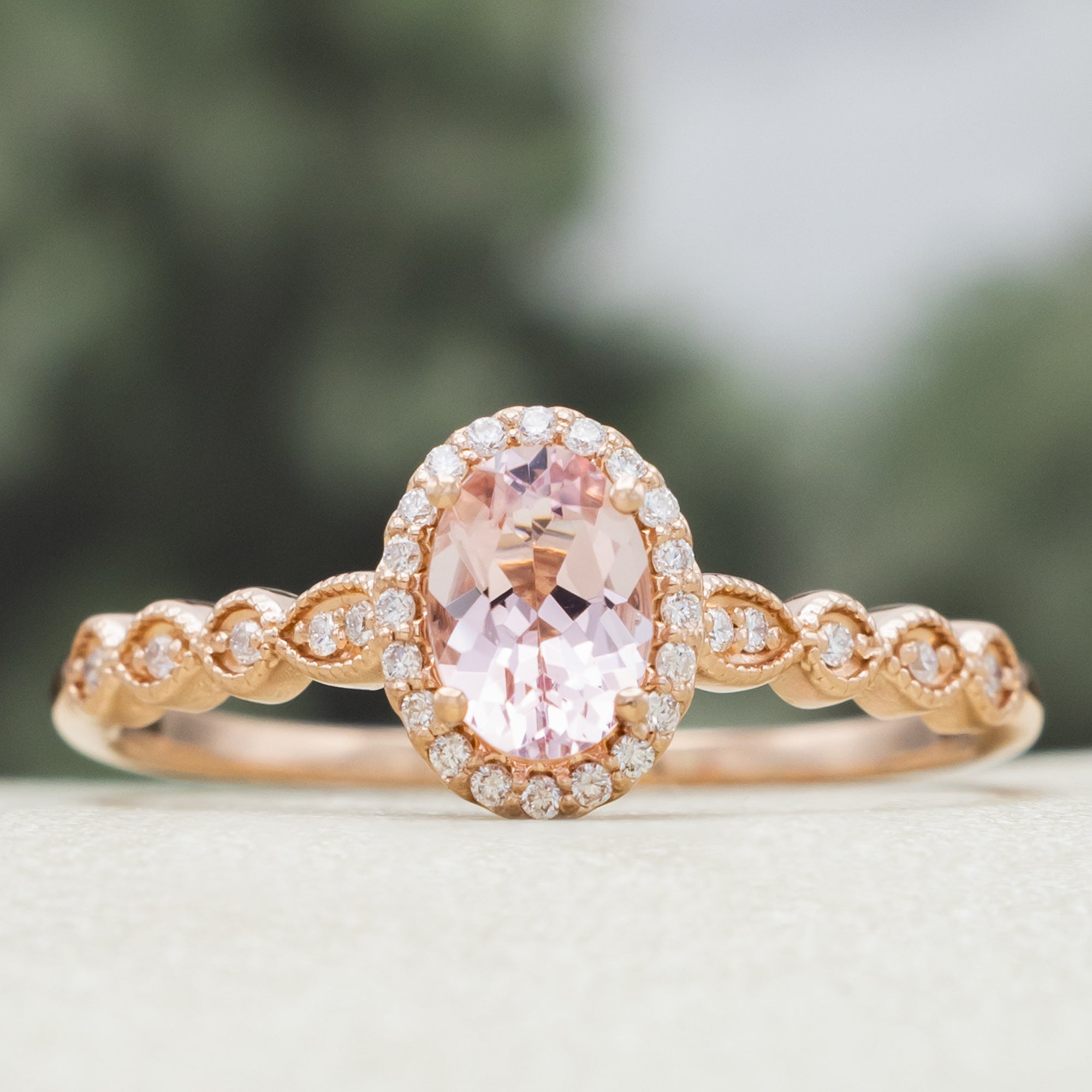 "KATARINA" - OVAL CUT MORGANITE ENGAGEMENT RING WITH SCALLOP BAND & DIAMOND ACCENTS-Staghead Designs