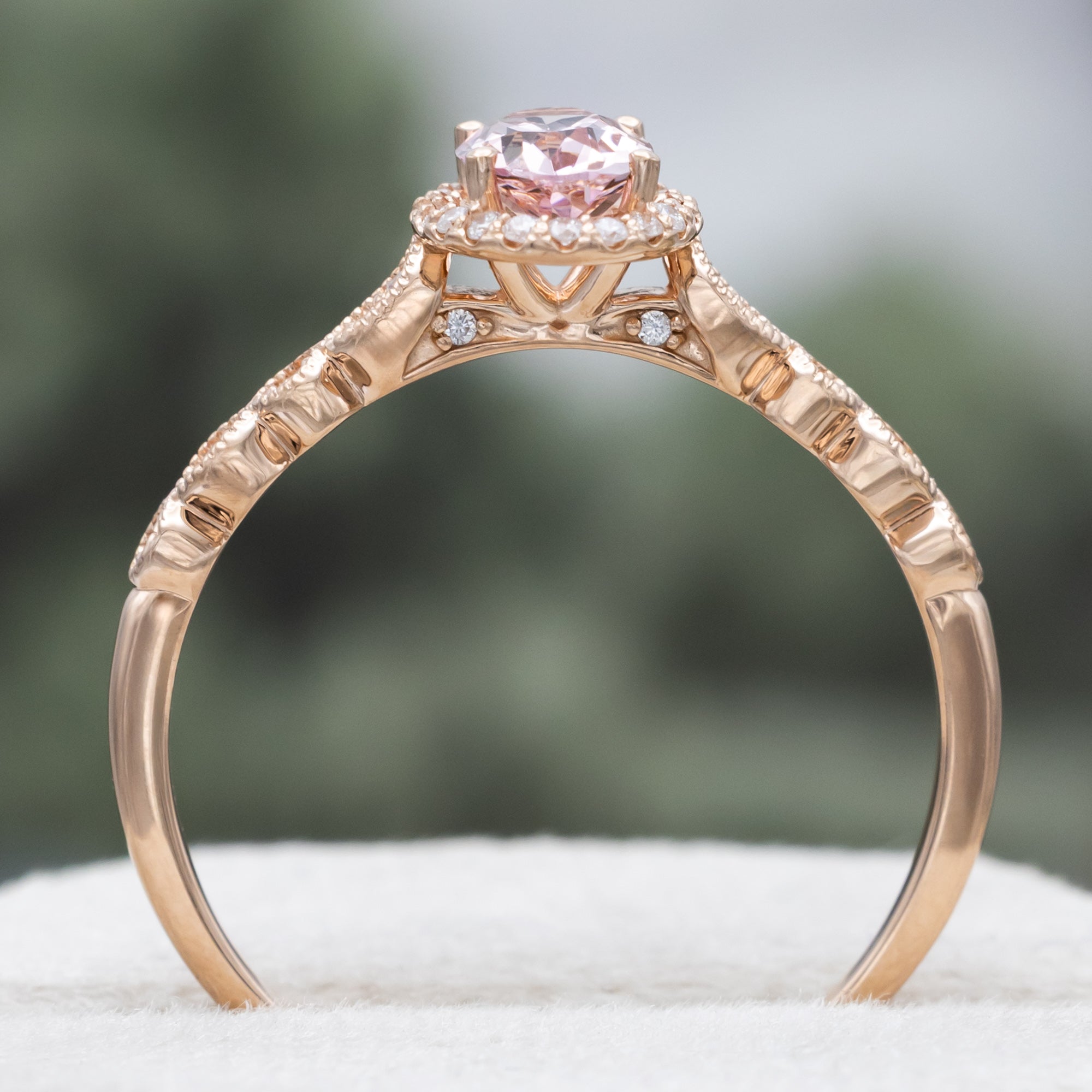 "KATARINA" - OVAL CUT MORGANITE ENGAGEMENT RING WITH SCALLOP BAND & DIAMOND ACCENTS-Staghead Designs