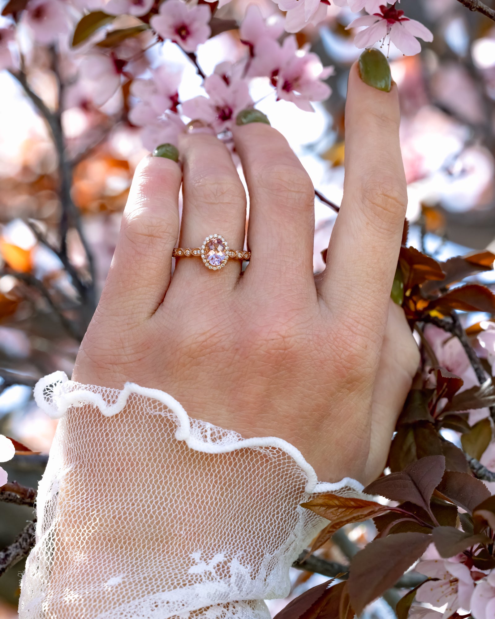 "KATARINA" - OVAL CUT MORGANITE ENGAGEMENT RING WITH SCALLOP BAND & DIAMOND ACCENTS-Staghead Designs