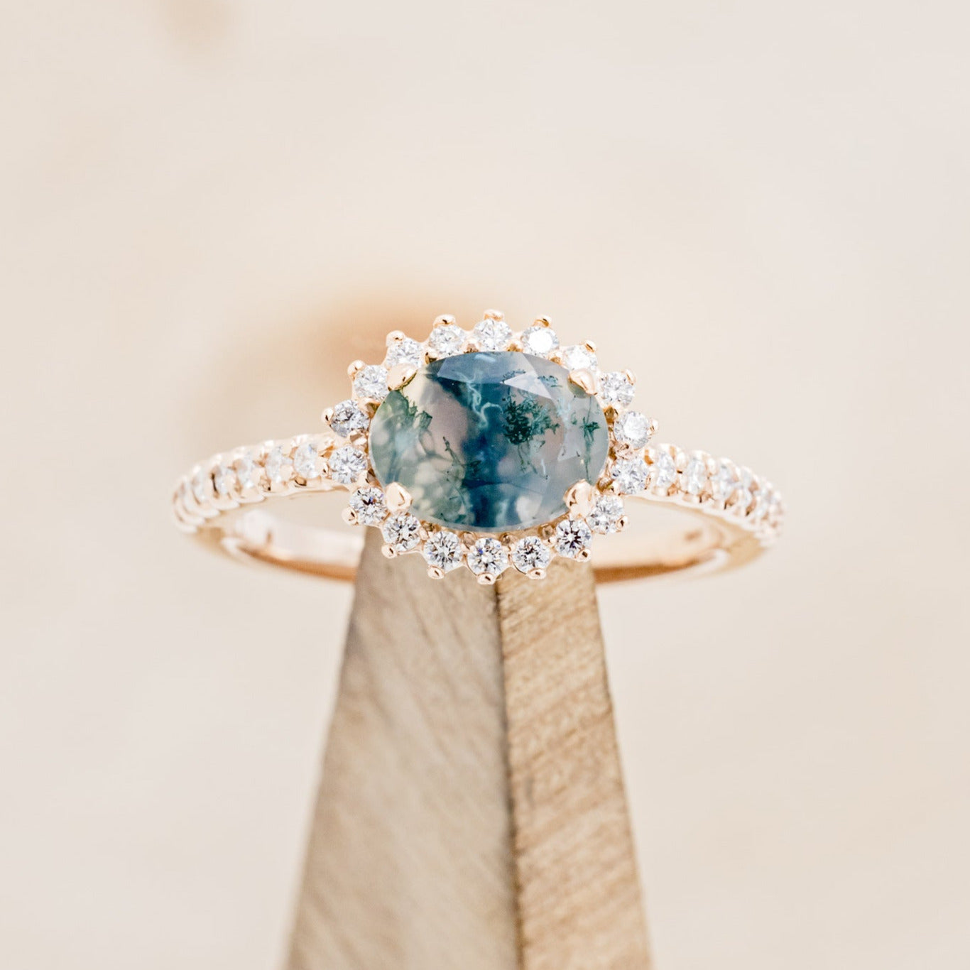 "WHIMSY" - OVAL-SHAPED MOSS AGATE ENGAGEMENT RING WITH DIAMOND ACCENTS & TRACER-6