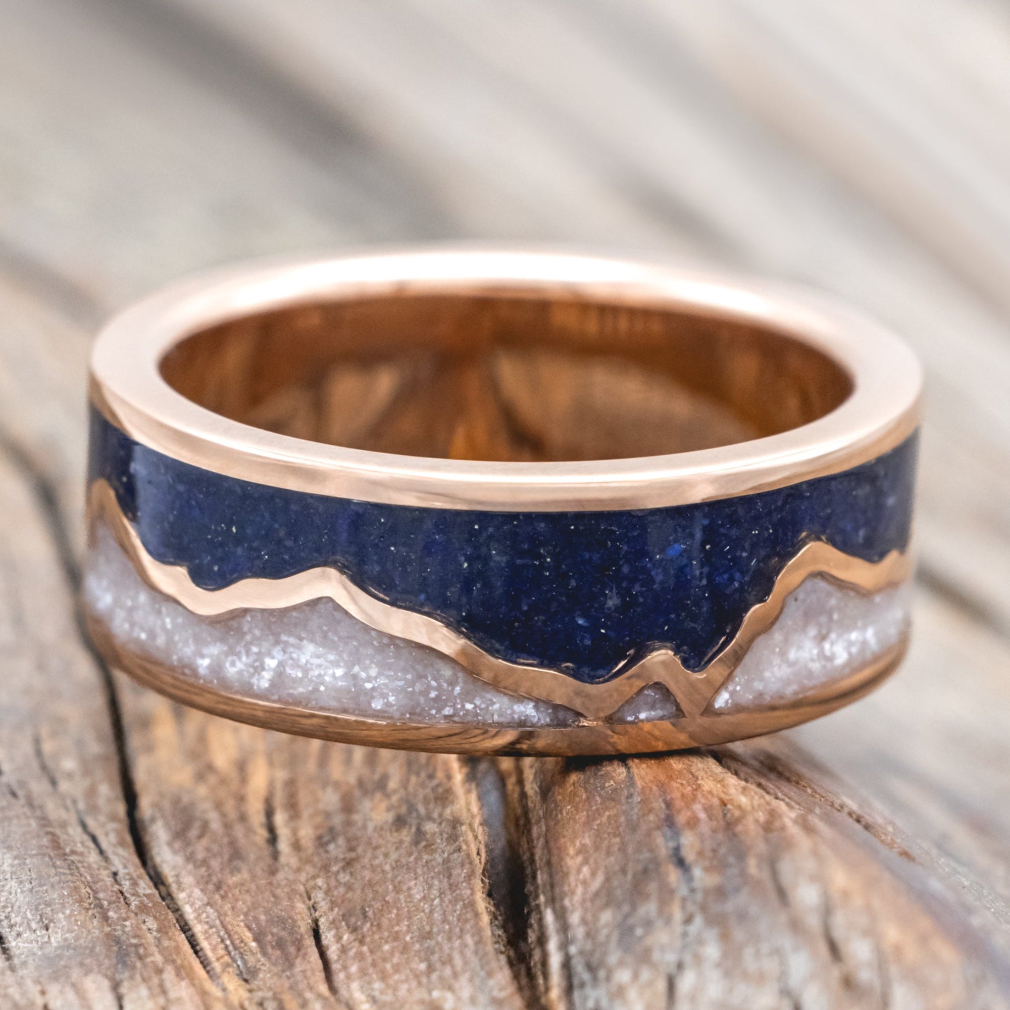 "PEAK" - DIAMOND DUST & LAPIS LAZULI INLAY WITH MOUNTAIN RANGE WEDDING BAND-Staghead Designs