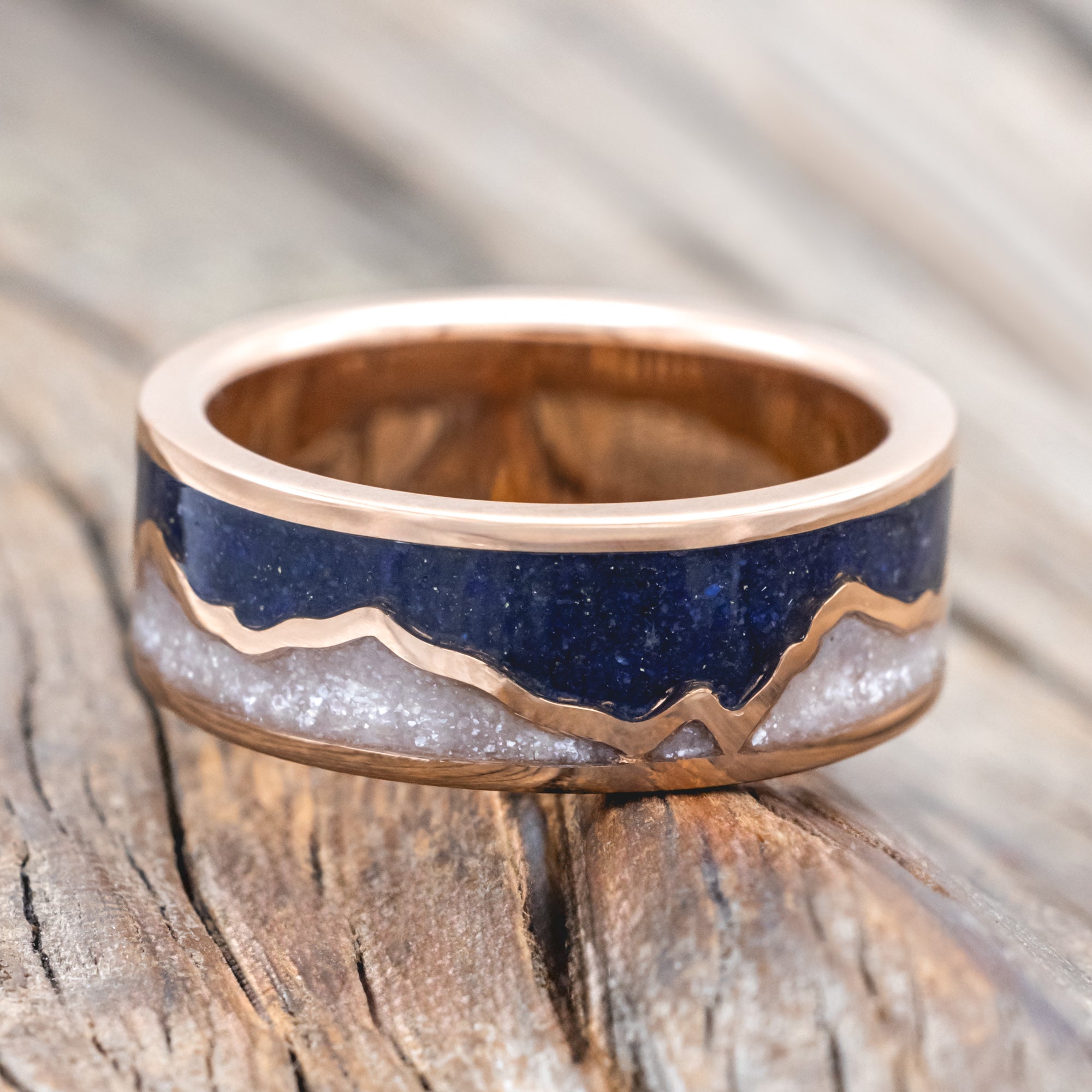 "PEAK" - DIAMOND DUST & LAPIS LAZULI INLAY WITH MOUNTAIN RANGE WEDDING BAND-Staghead Designs