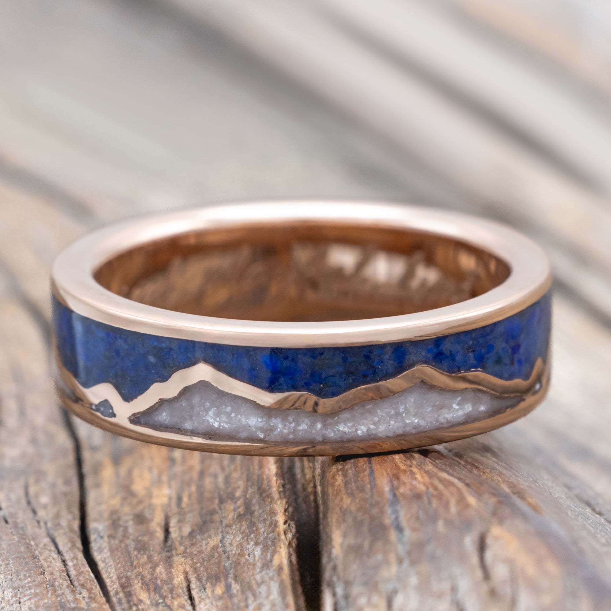 "Peak" - Diamond Dust & Lapis Lazuli Inlay With Mountain Range Wedding Band