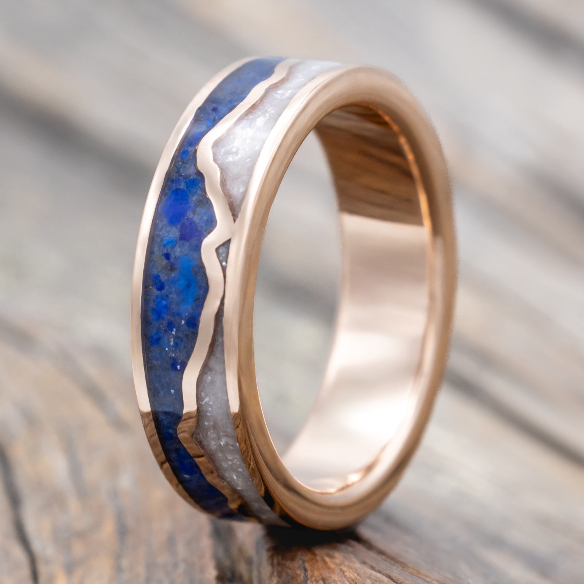 "Peak" - Diamond Dust & Lapis Lazuli Inlay With Mountain Range Wedding Band