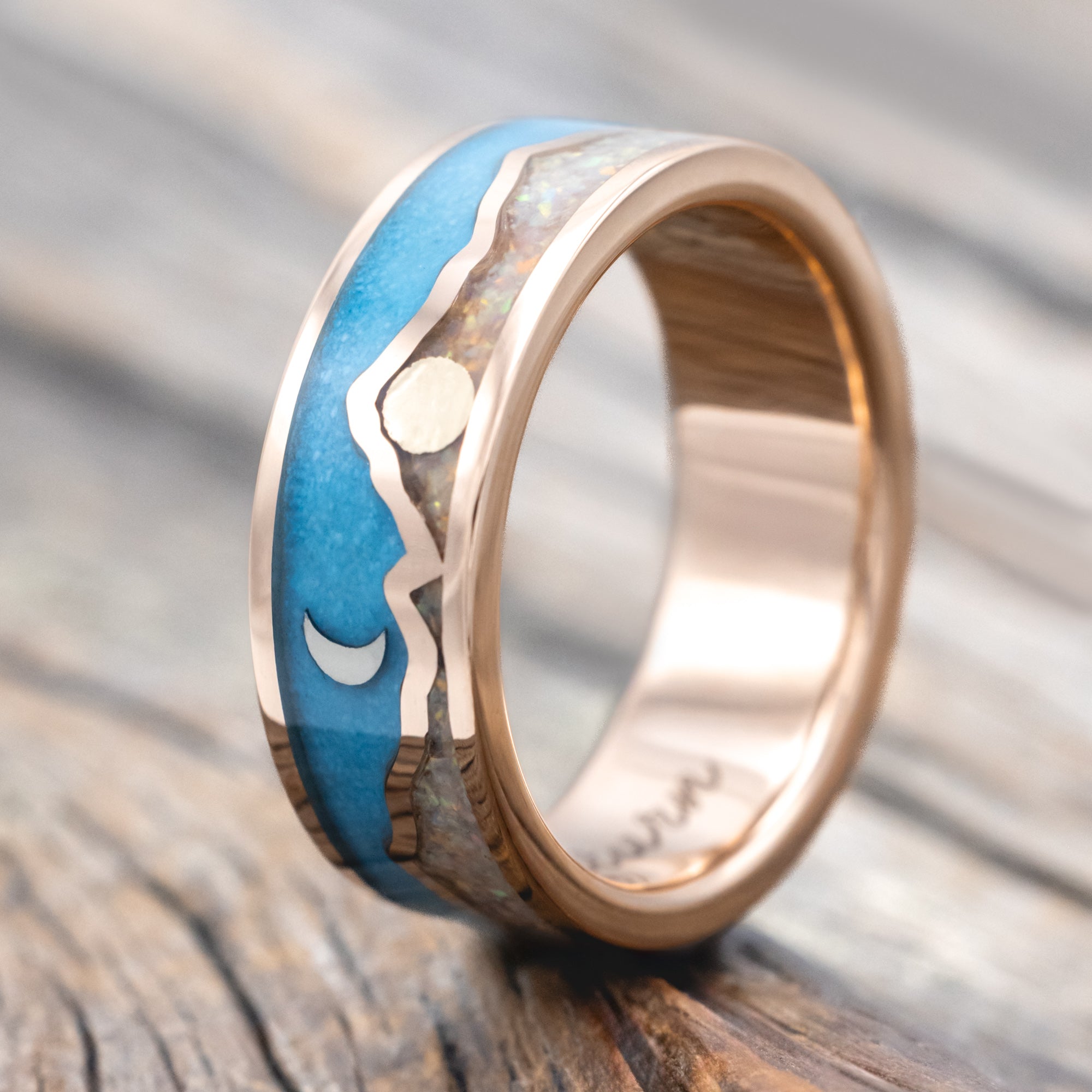 "PEAK" - WHITE OPAL & TURQUOISE INLAY MOUNTAIN RANGE WEDDING BAND WITH SUN & CRESCENT MOON ACCENTS-Staghead Designs