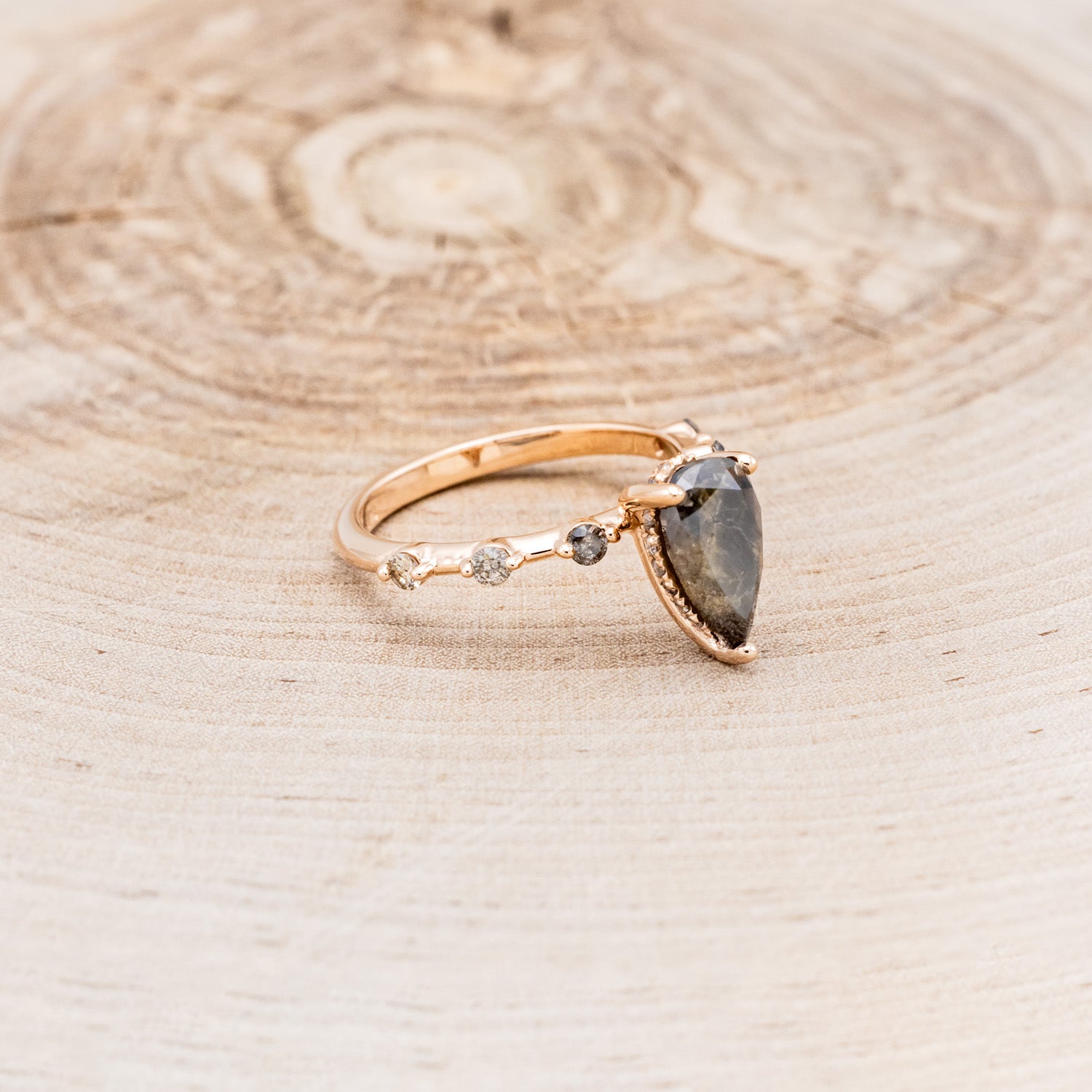 "LORELIE" - PEAR DOUBLE CUT SALT & PEPPER DIAMOND ENGAGEMENT RING WITH SALT & PEPPER DIAMOND ACCENTS & HIDDEN DIAMOND HALO-2