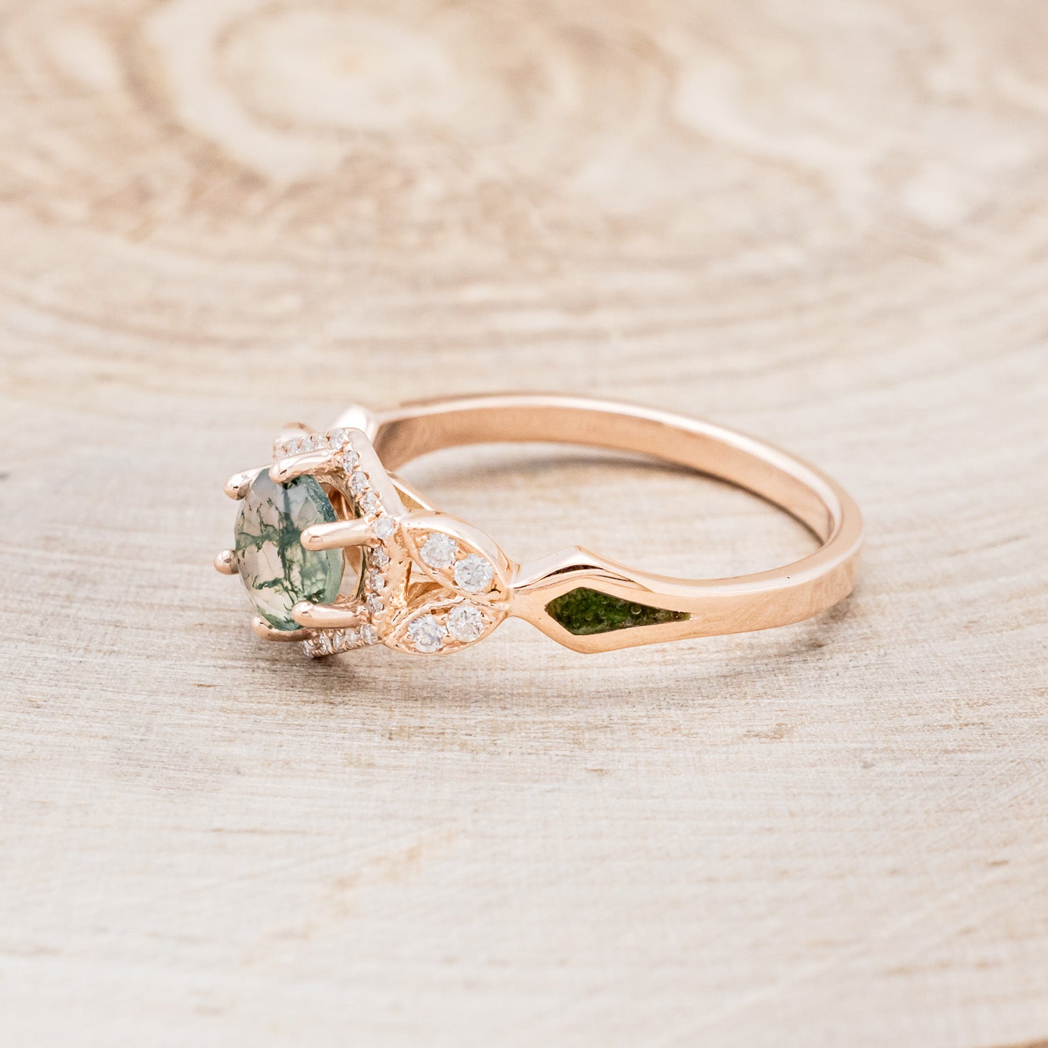 "LUCY IN THE SKY" PETITE - ROUND MOSS AGATE ENGAGEMENT RING WITH DIAMOND HALO & MOSS INLAYS - READY TO SHIP-Staghead Designs