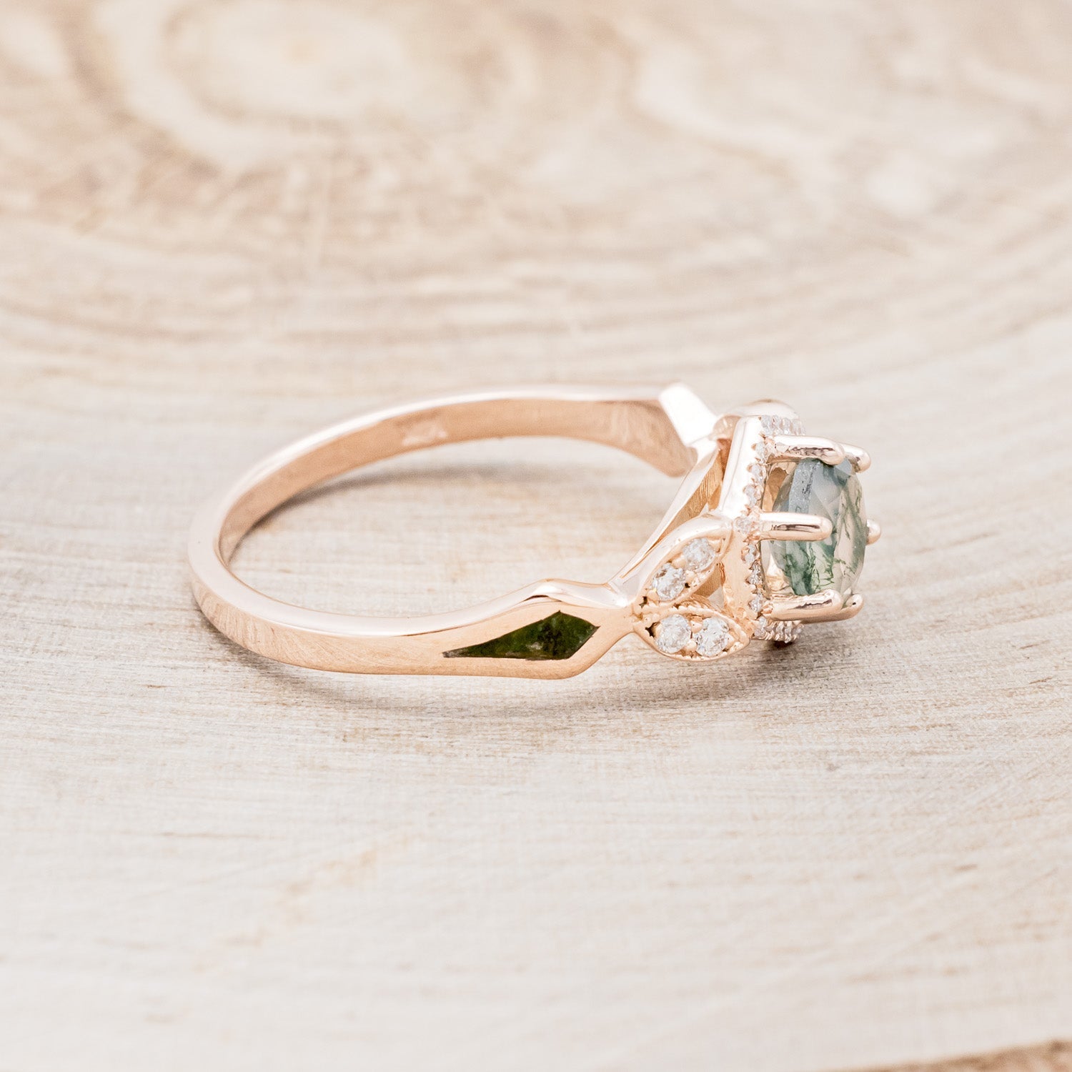 "LUCY IN THE SKY" PETITE - ROUND MOSS AGATE ENGAGEMENT RING WITH DIAMOND HALO & MOSS INLAYS - READY TO SHIP-Staghead Designs