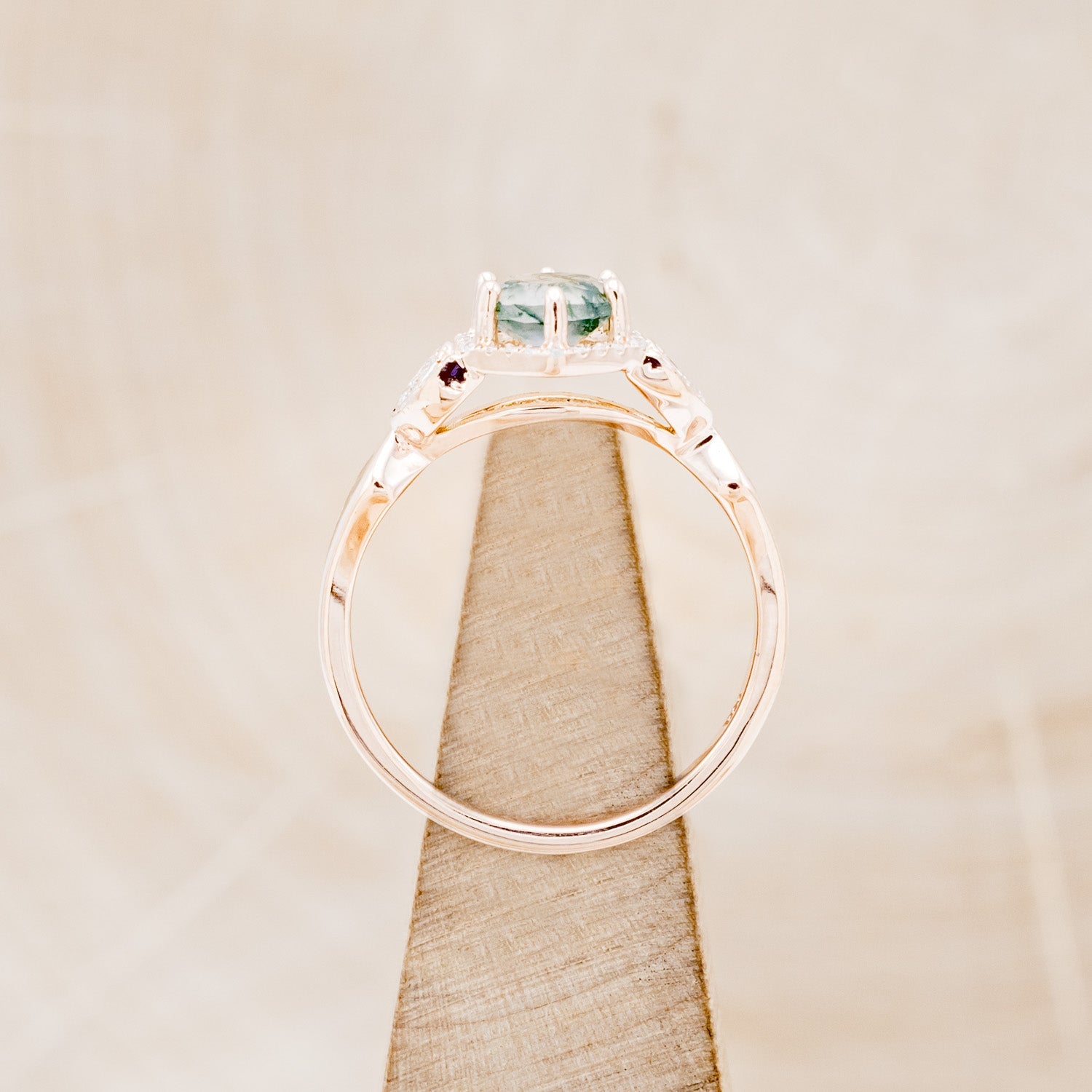 "LUCY IN THE SKY" PETITE - ROUND MOSS AGATE ENGAGEMENT RING WITH DIAMOND HALO & MOSS INLAYS - READY TO SHIP-Staghead Designs