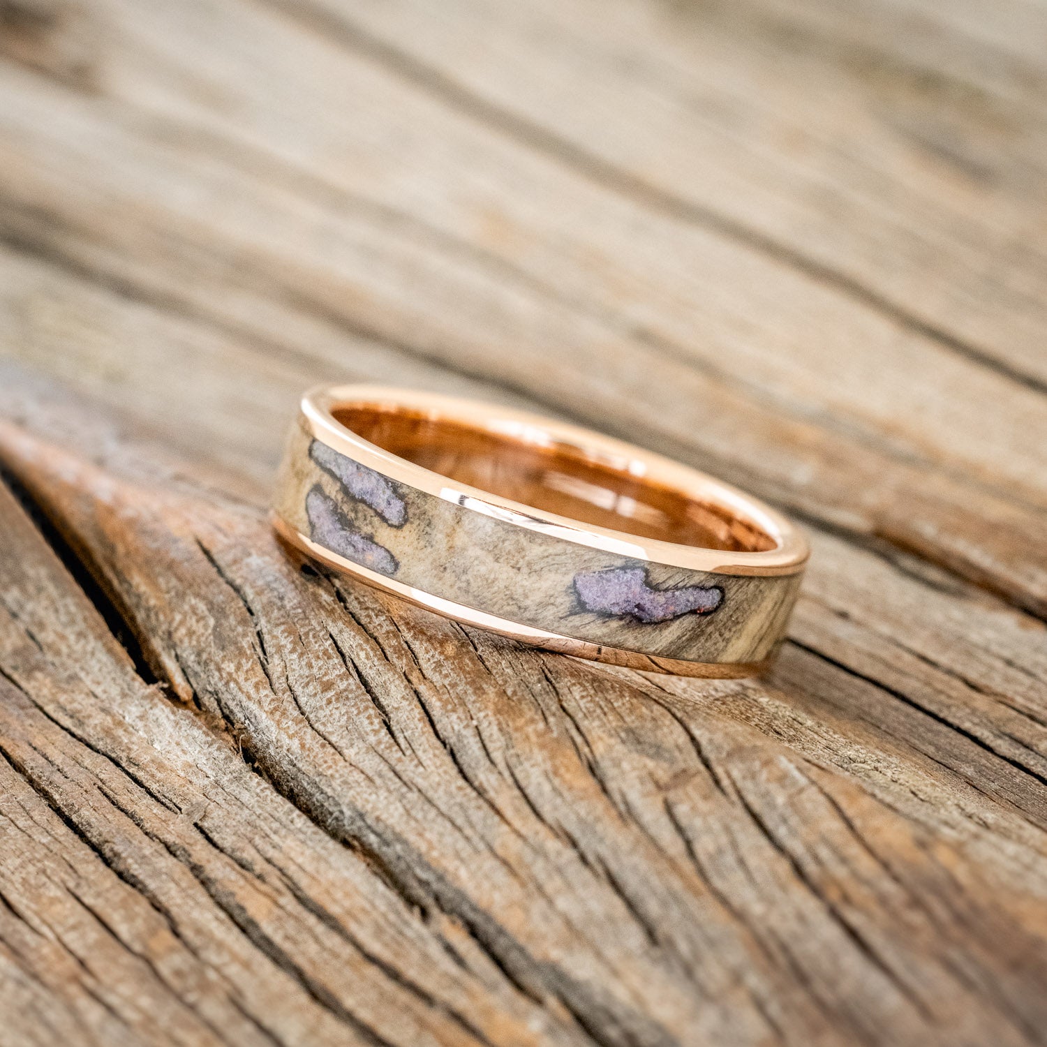 "RAINIER" - BUCKEYE BURL WOOD WITH SUGILITE & OPAL MIX WEDDING RING FEATURING A 14K GOLD BAND-2