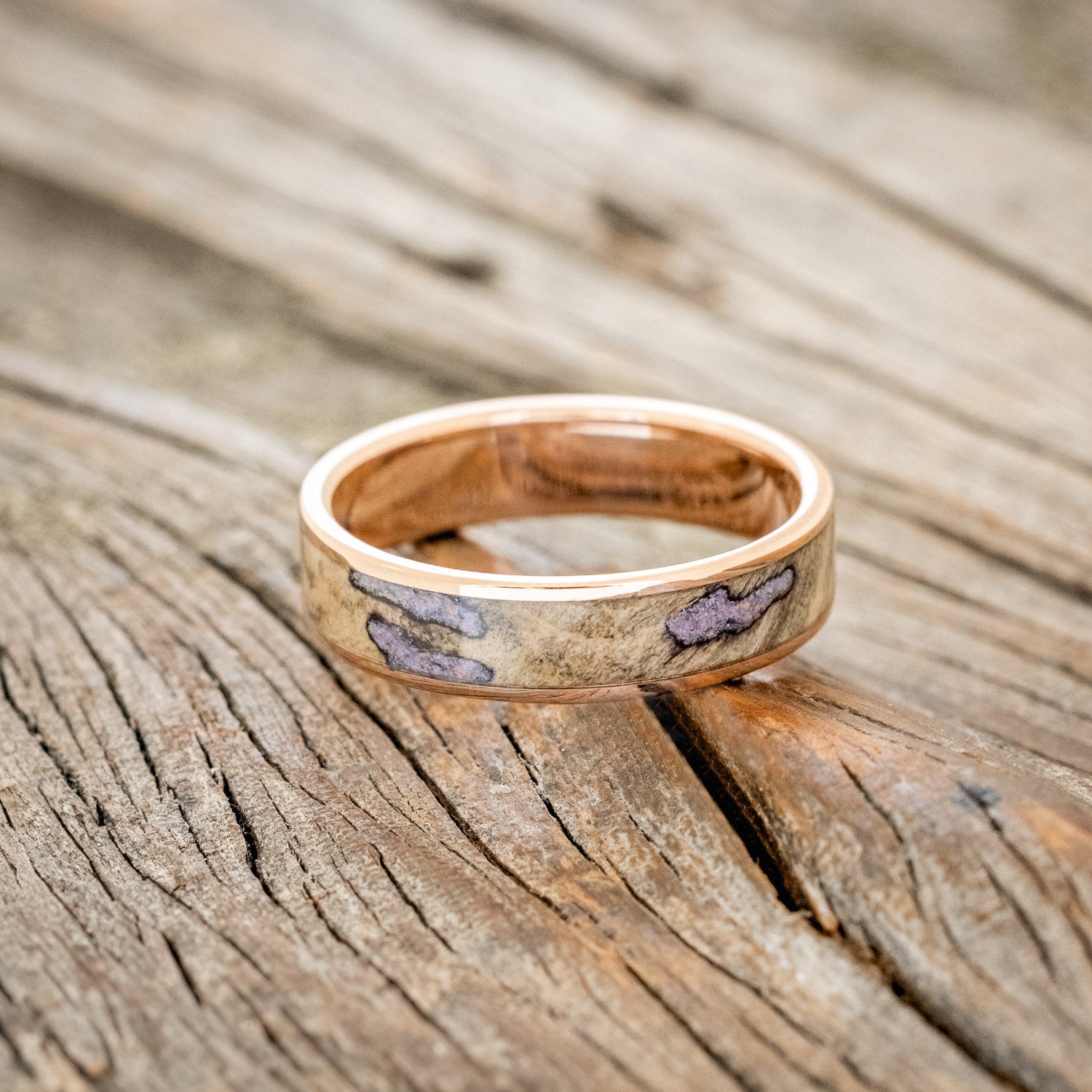 "RAINIER" - BUCKEYE BURL WOOD WITH SUGILITE & OPAL MIX WEDDING RING FEATURING A 14K GOLD BAND-3