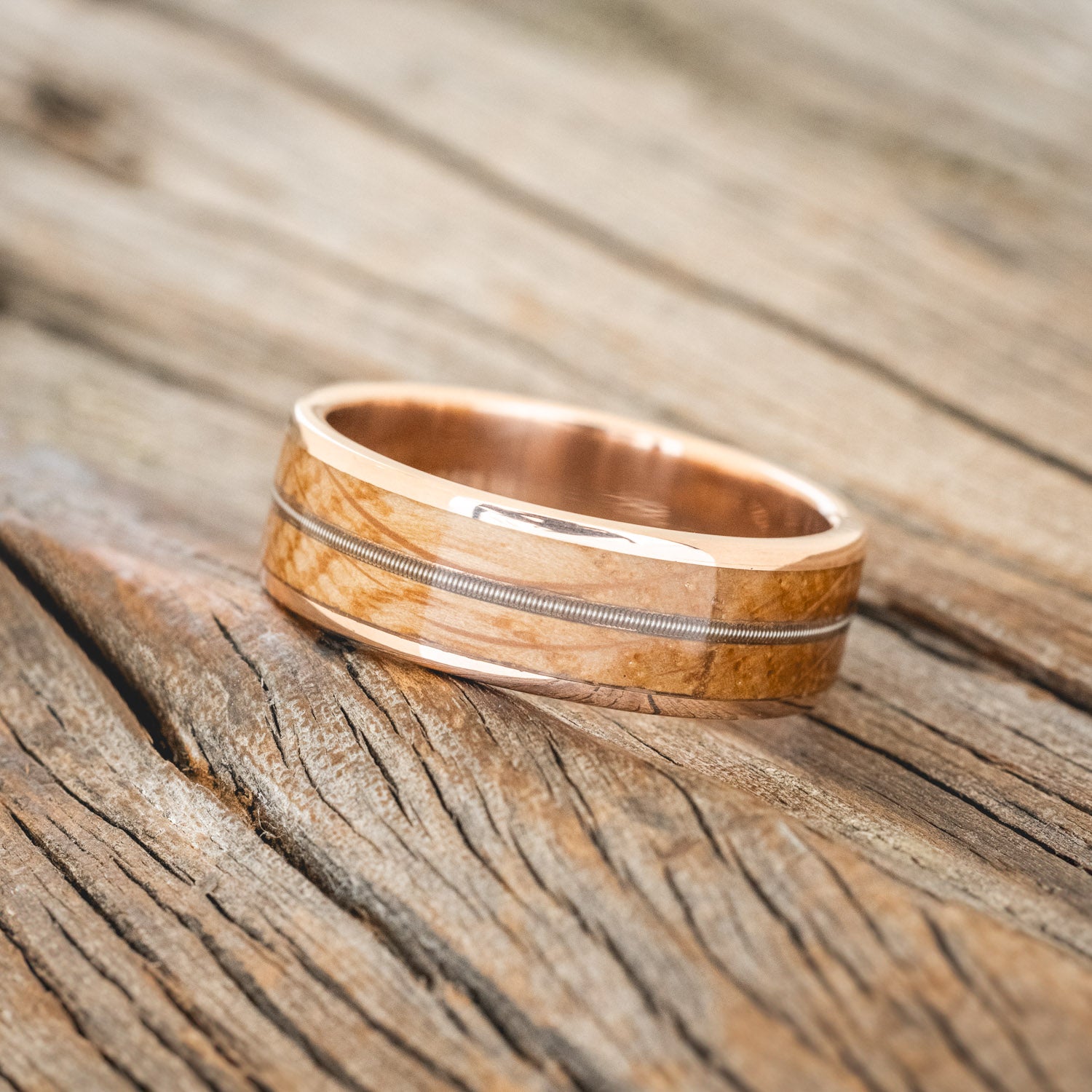 "RAINIER" - GUITAR STRING & WHISKEY BARREL OAK WEDDING RING-5