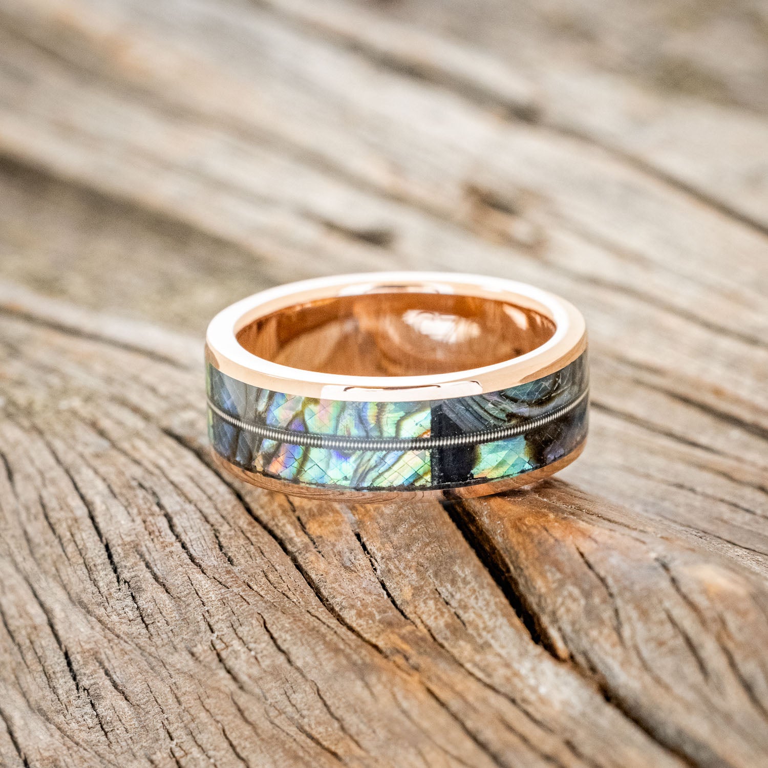 "RAINIER" - PAUA SHELL & GUITAR STRING WEDDING BAND-3