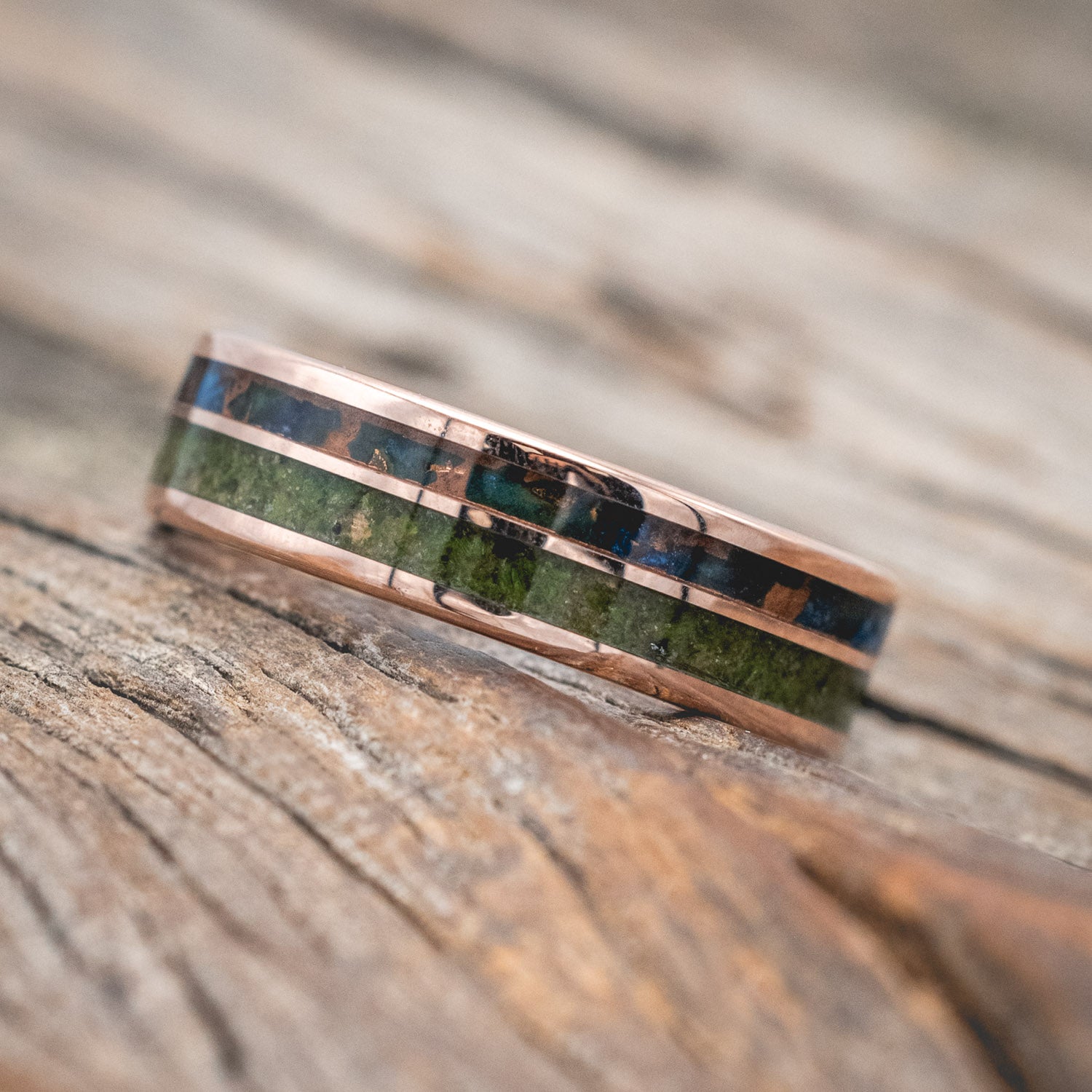 "RAPTOR" - MOLDAVITE & MOSS MIX WITH PATINA COPPER WEDDING BAND-Staghead Designs