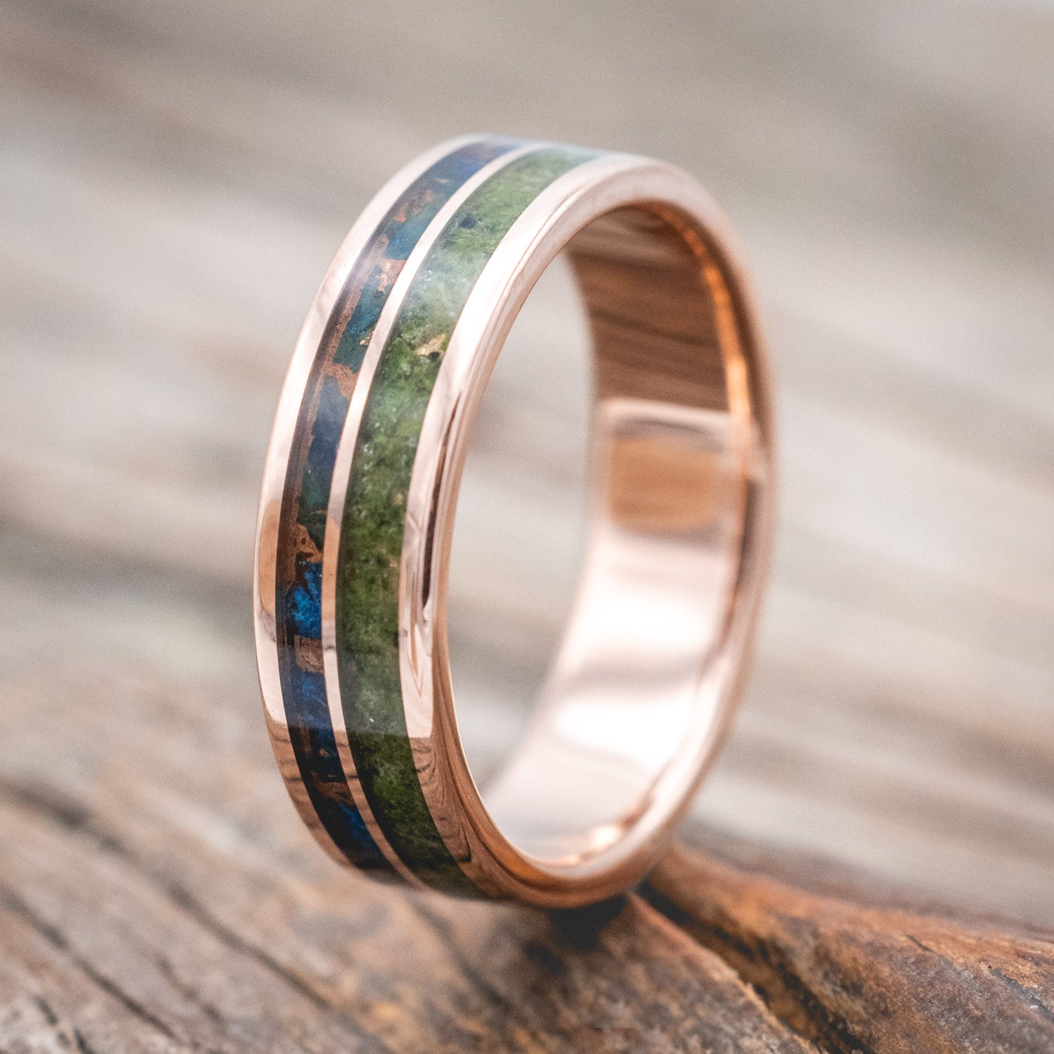 "RAPTOR" - MOLDAVITE & MOSS MIX WITH PATINA COPPER WEDDING BAND-Staghead Designs