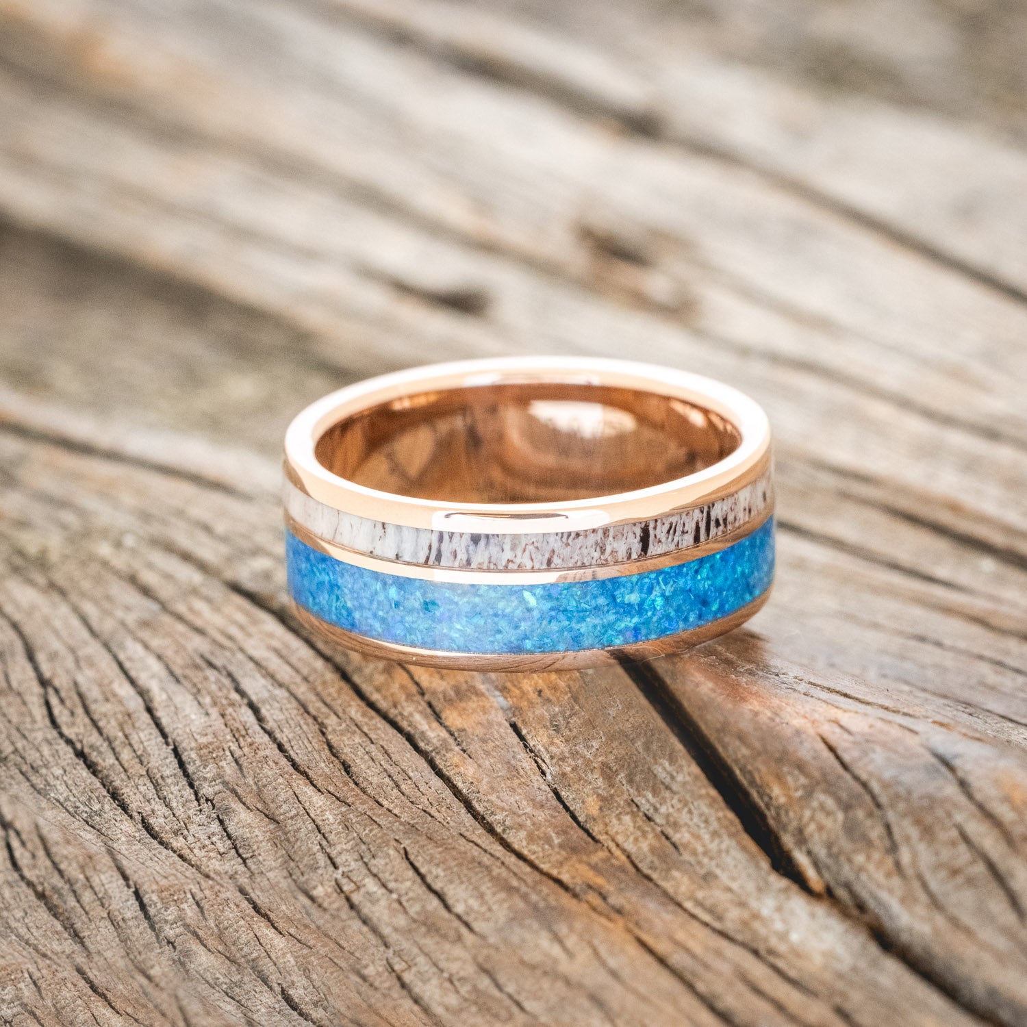 "RAPTOR" - ANTLER & BLUE OPAL WEDDING BAND-6
