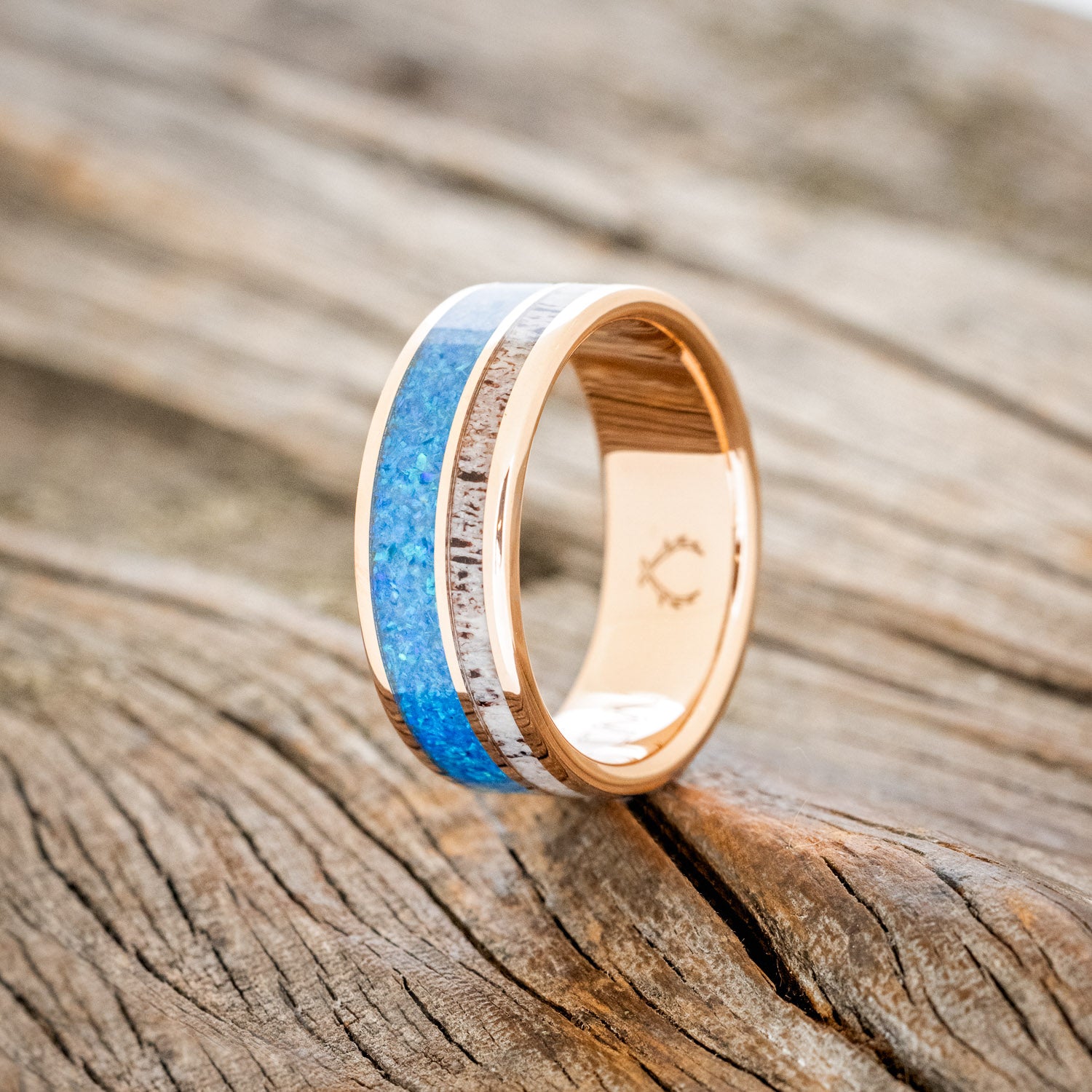"RAPTOR" - ANTLER & BLUE OPAL WEDDING BAND-4
