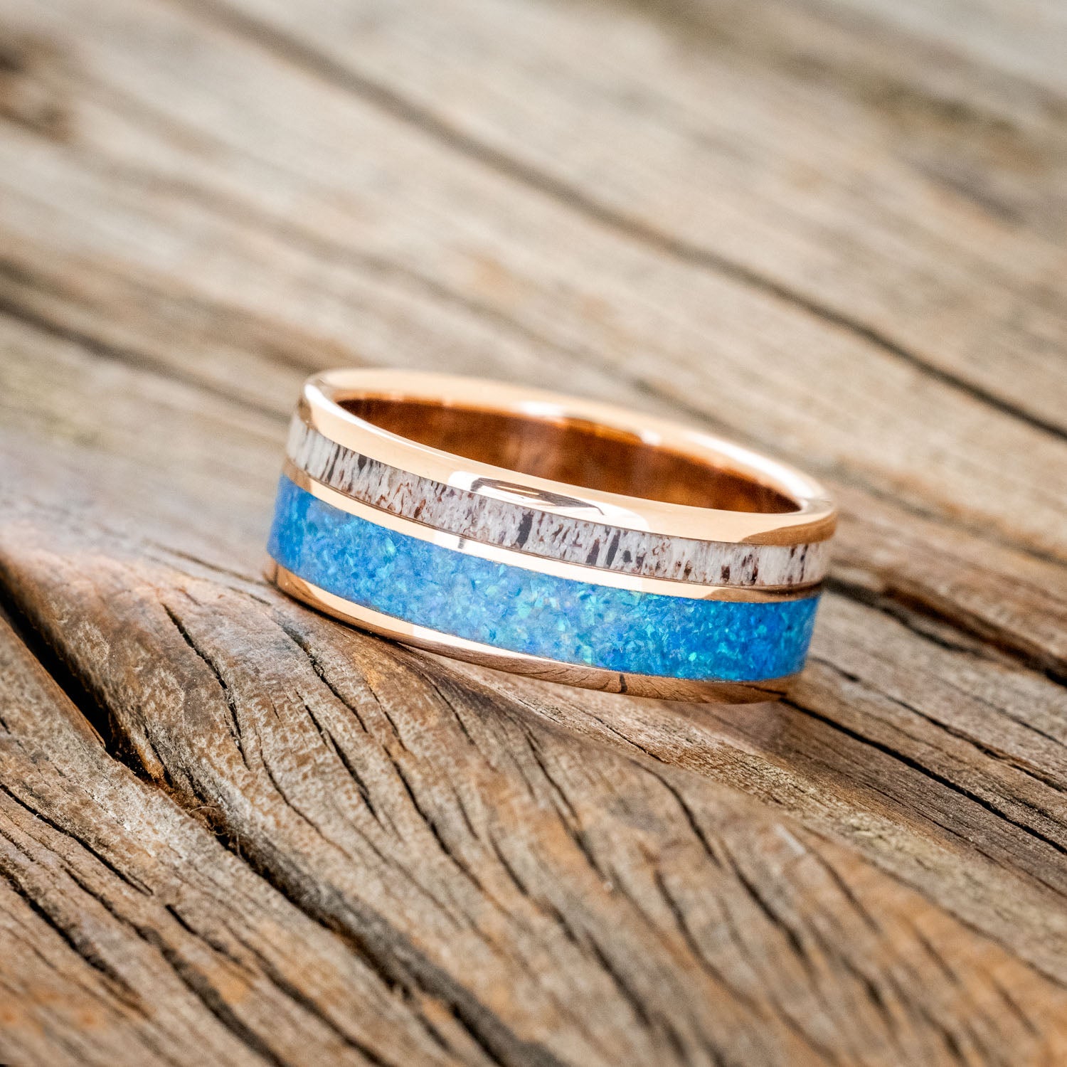 "RAPTOR" - ANTLER & BLUE OPAL WEDDING BAND-5