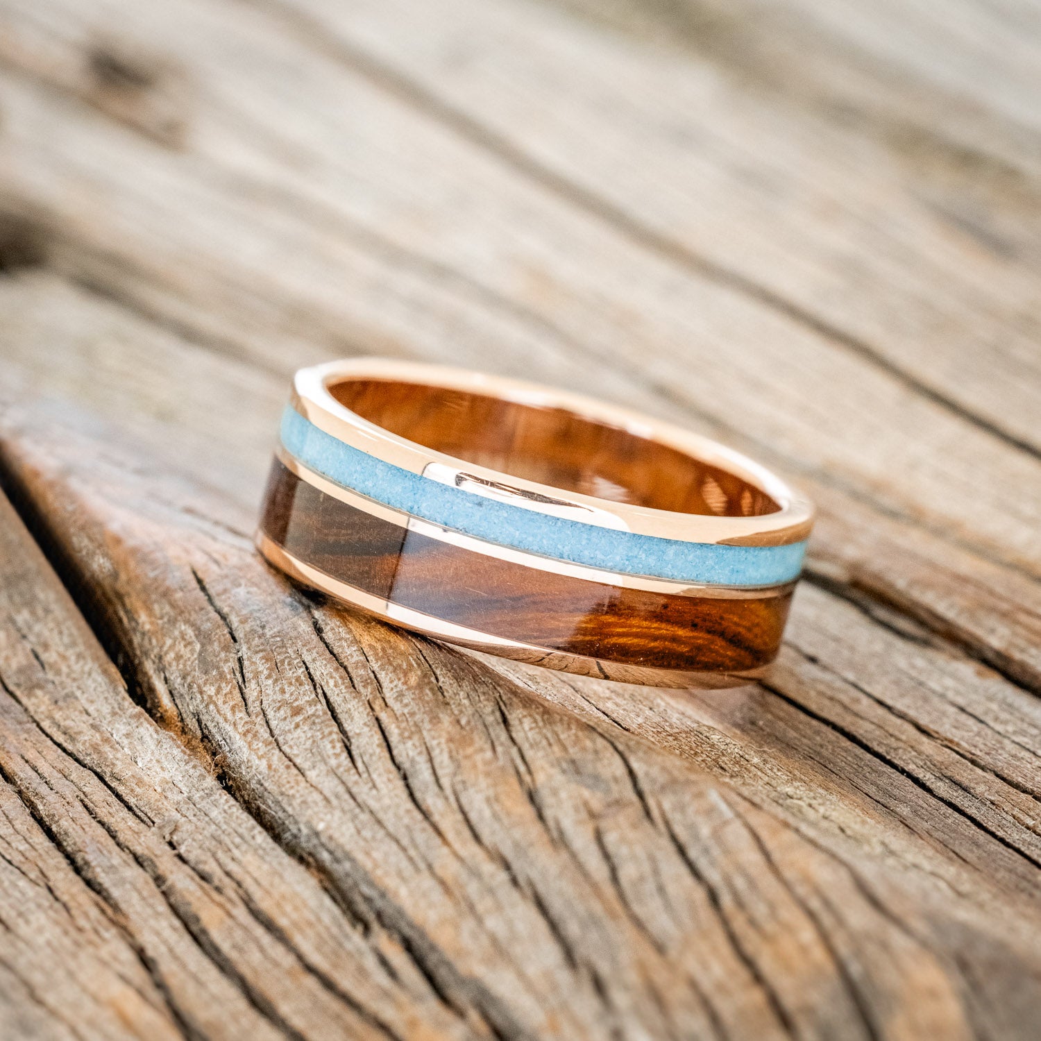 "RAPTOR" - HAND CRUSHED TURQUOISE & IRONWOOD WEDDING BAND-8