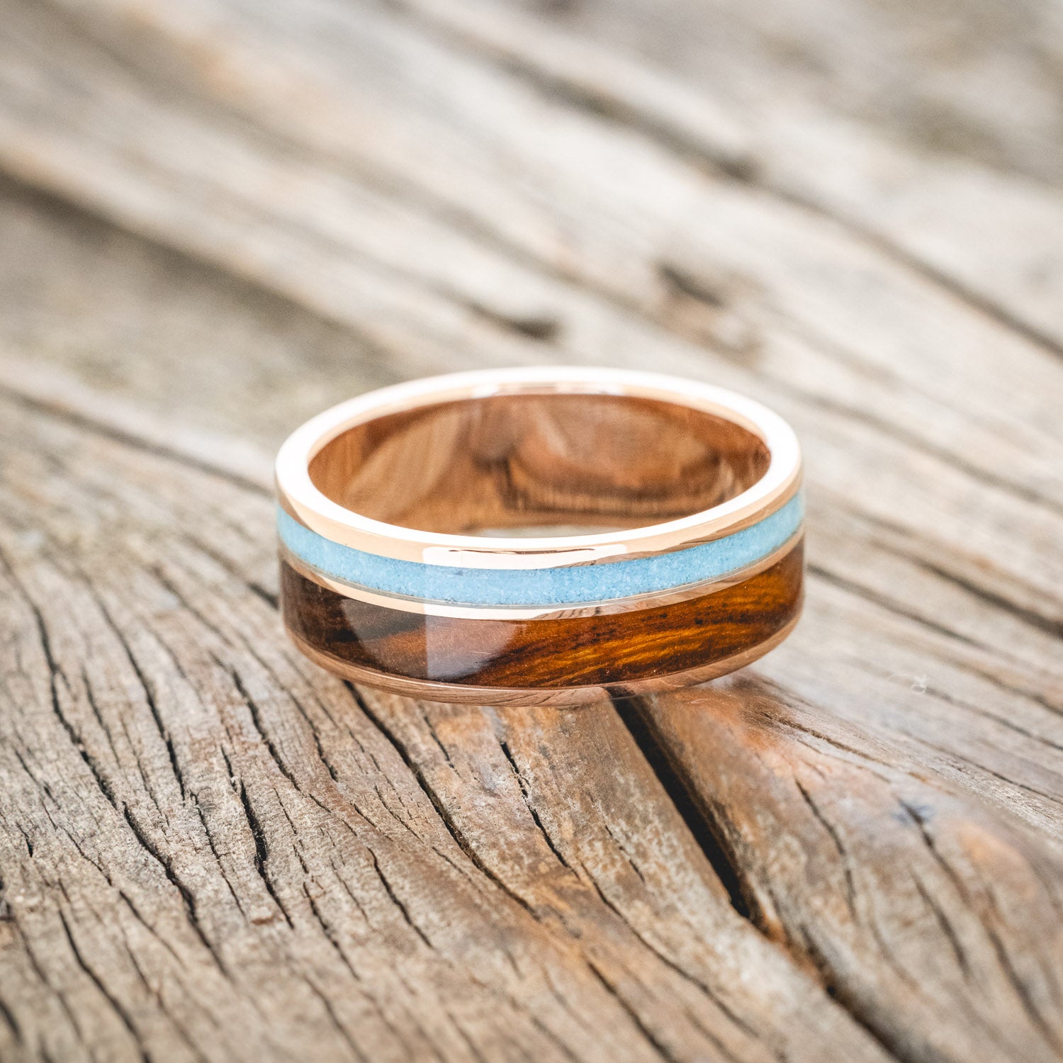"RAPTOR" - HAND CRUSHED TURQUOISE & IRONWOOD WEDDING BAND-9