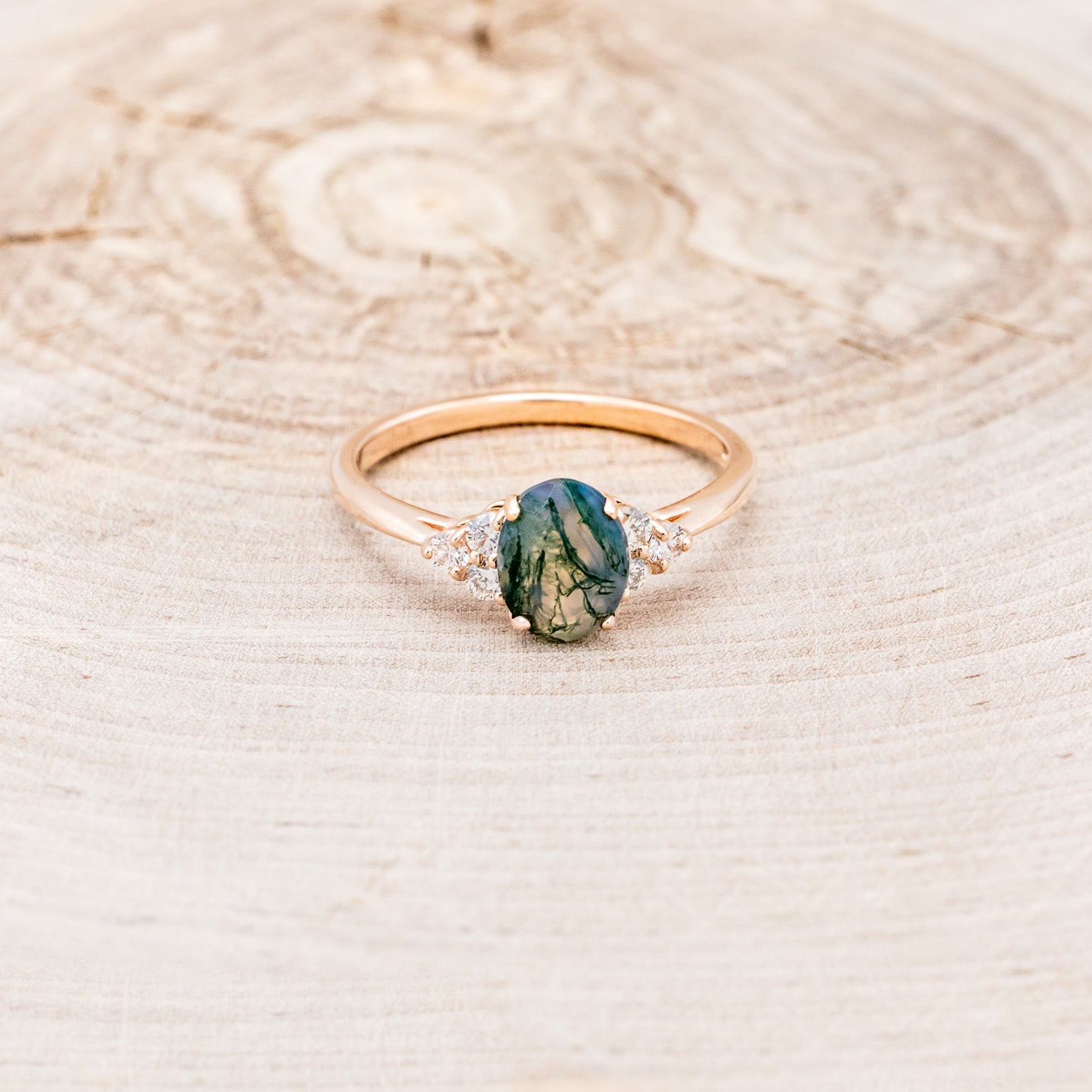 "RHEA" - OVAL MOSS AGATE ENGAGEMENT RING WITH DIAMOND ACCENTS - EXPEDITED-4