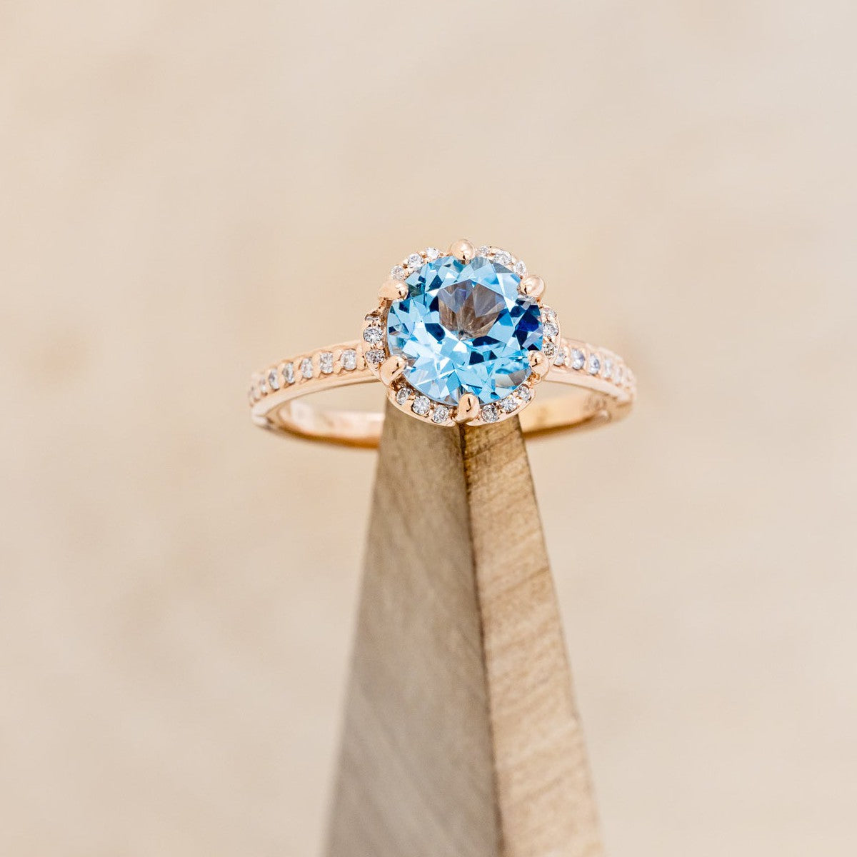 "ROSALIE" - ROUND CUT SKY BLUE TOPAZ ENGAGEMENT RING WITH DIAMOND HALO & ACCENTS-1