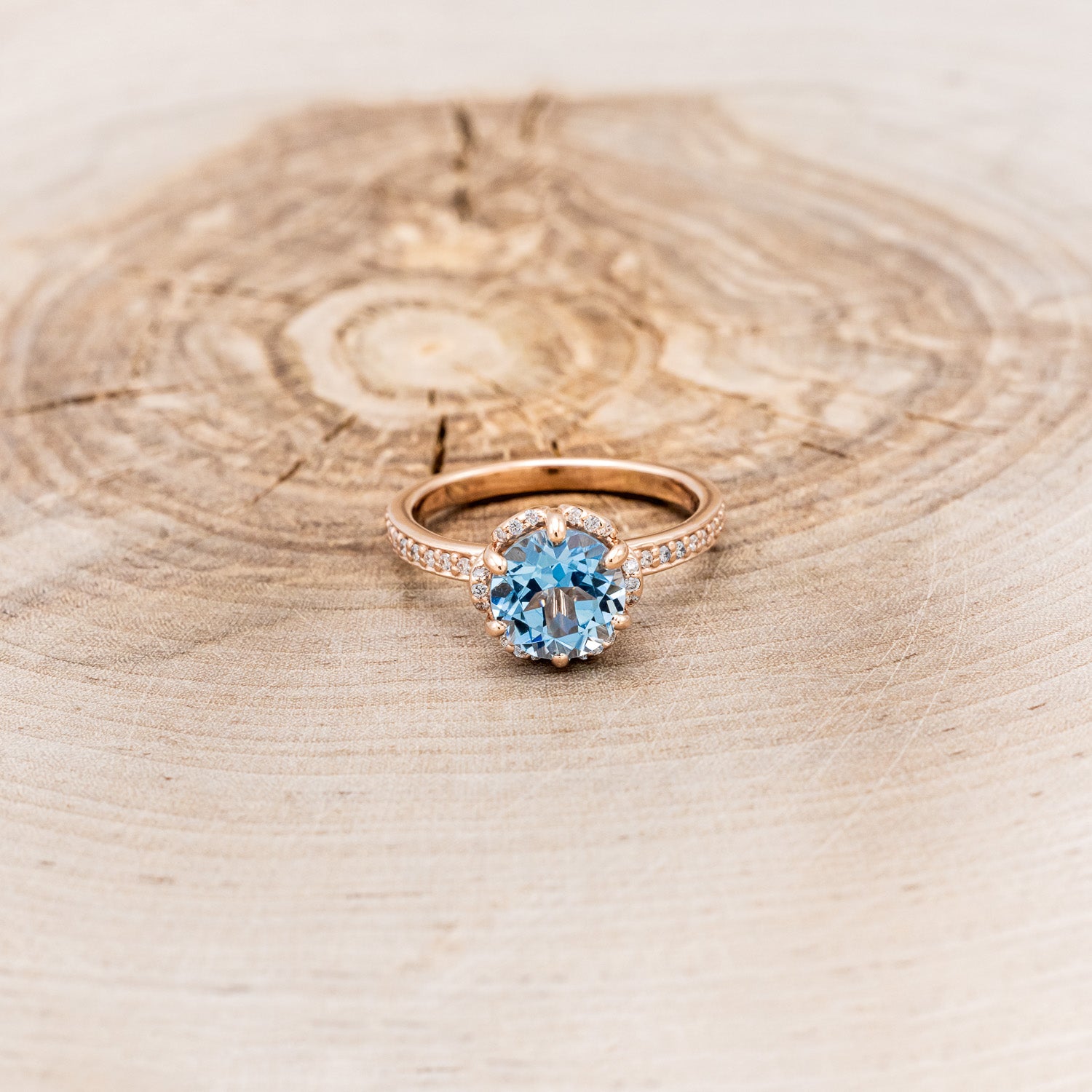 "ROSALIE" - ROUND CUT SKY BLUE TOPAZ ENGAGEMENT RING WITH DIAMOND HALO & ACCENTS-4