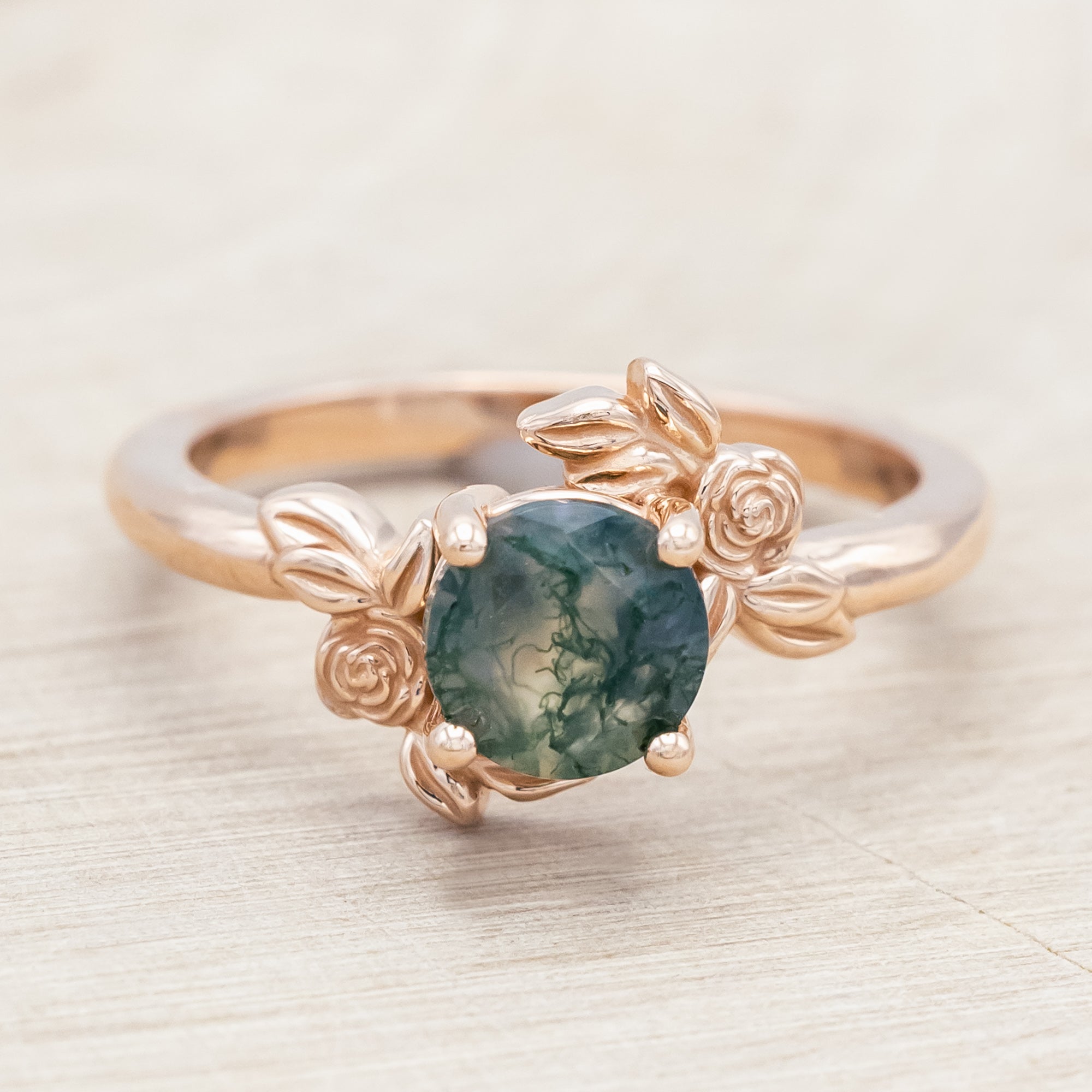 "ROSA" - ROUND CUT MOSS AGATE SOLITAIRE ENGAGEMENT RING WITH FLOWER ACCENTS-Staghead Designs