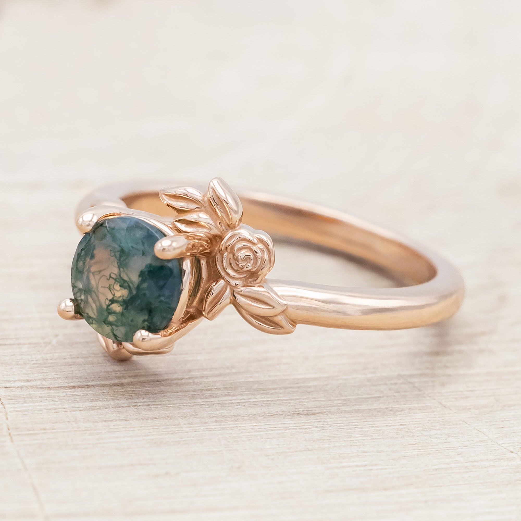 "ROSA" - ROUND CUT MOSS AGATE SOLITAIRE ENGAGEMENT RING WITH FLOWER ACCENTS-Staghead Designs