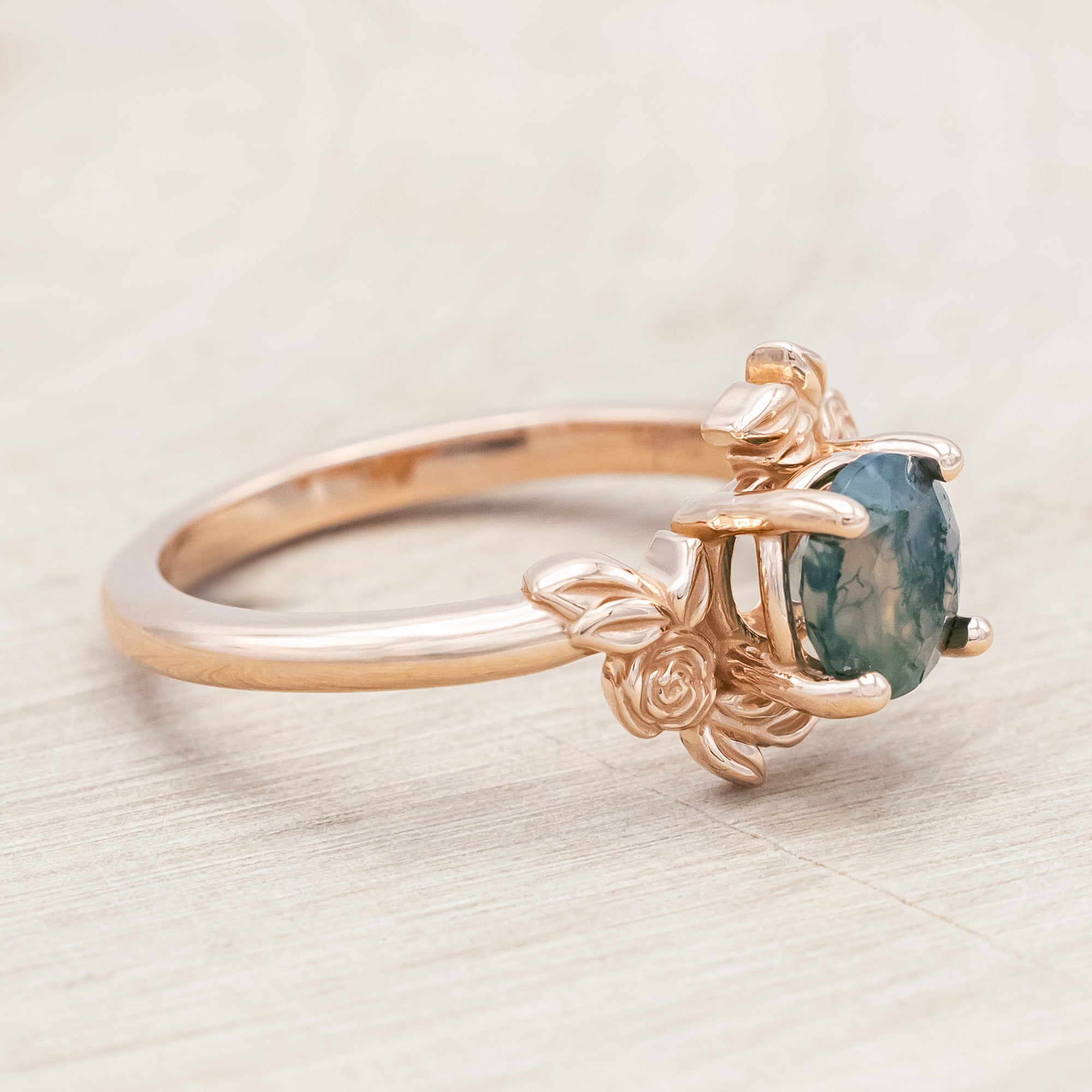 "ROSA" - ROUND CUT MOSS AGATE SOLITAIRE ENGAGEMENT RING WITH FLOWER ACCENTS-Staghead Designs