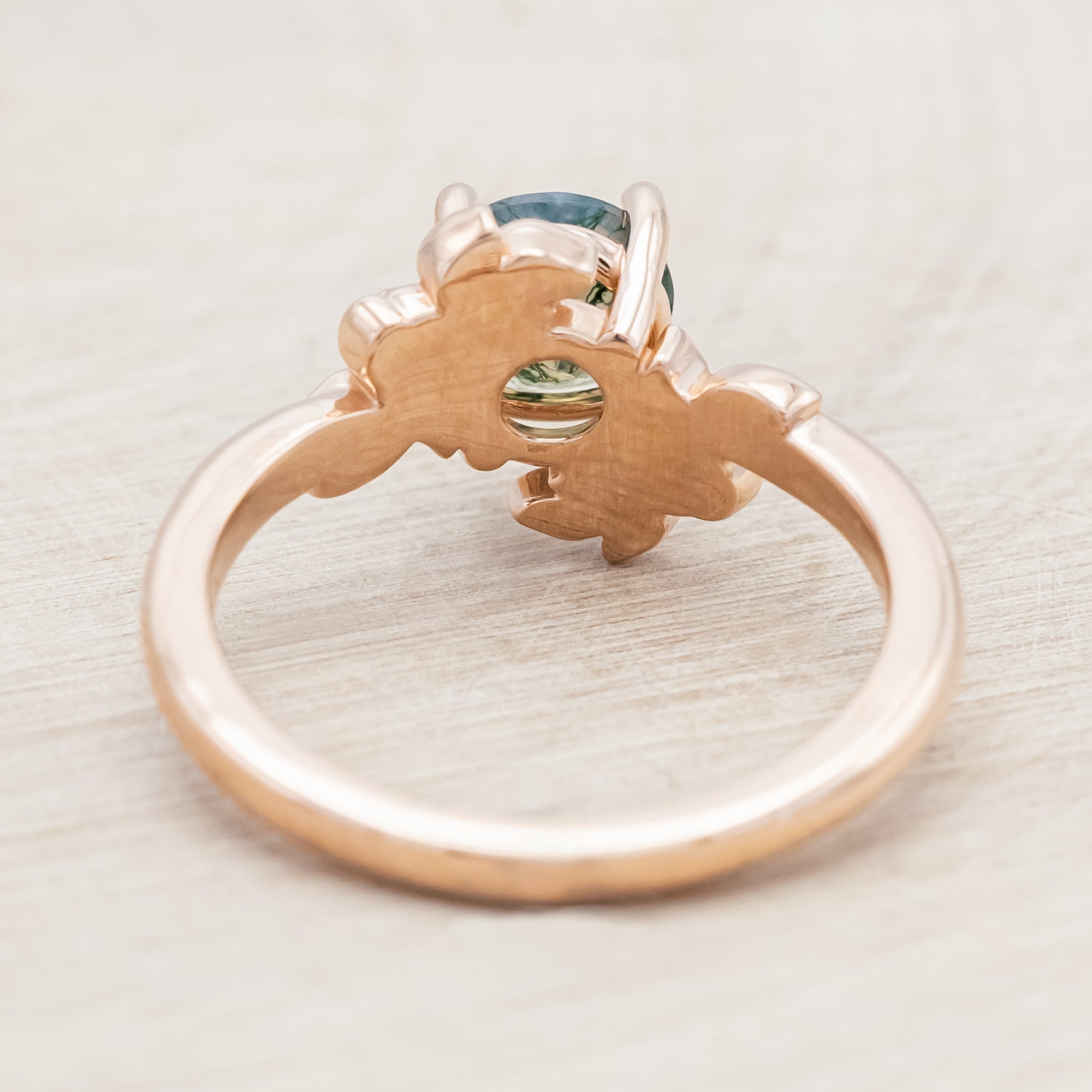 "ROSA" - ROUND CUT MOSS AGATE SOLITAIRE ENGAGEMENT RING WITH FLOWER ACCENTS-Staghead Designs